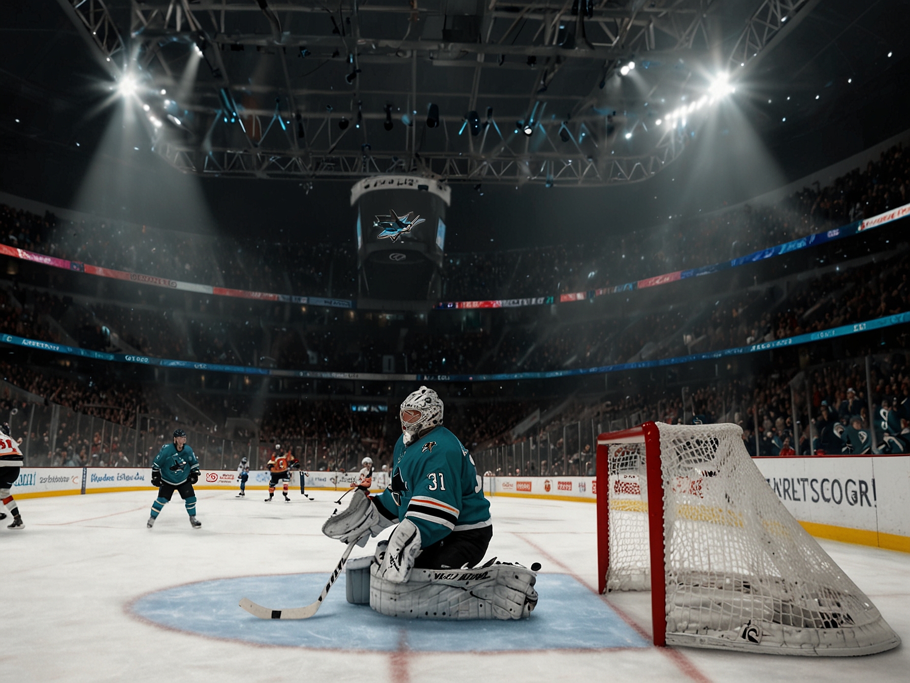 An intense moment during an NHL game, showcasing Alexandar Georgiev in action as a goaltender for the Sharks, emphasizing the excitement and pressure of player trades.