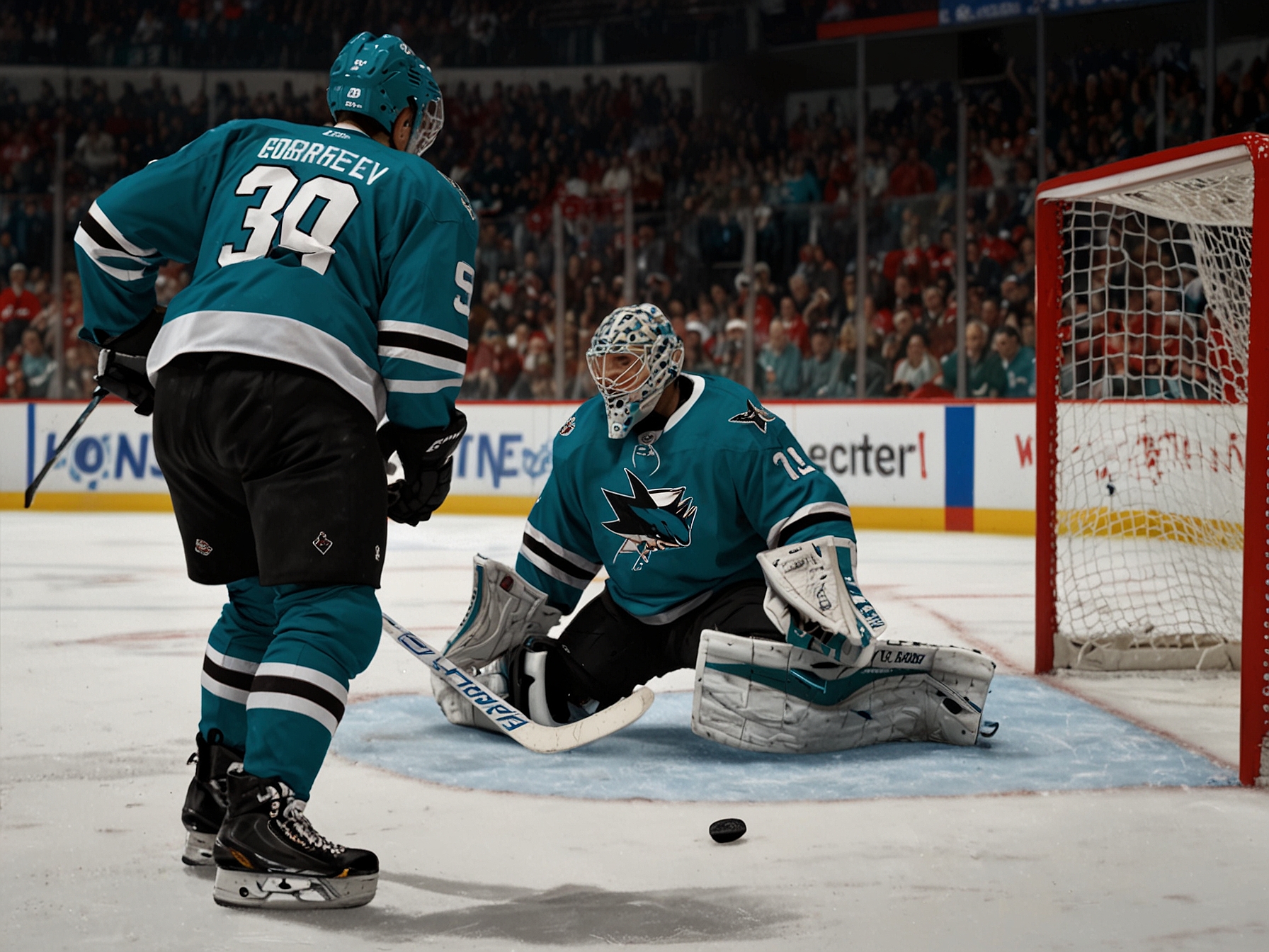 Mackenzie Blackwood, newly acquired by the Avalanche, making a save during a game, symbolizing hope and potential for the team's future.