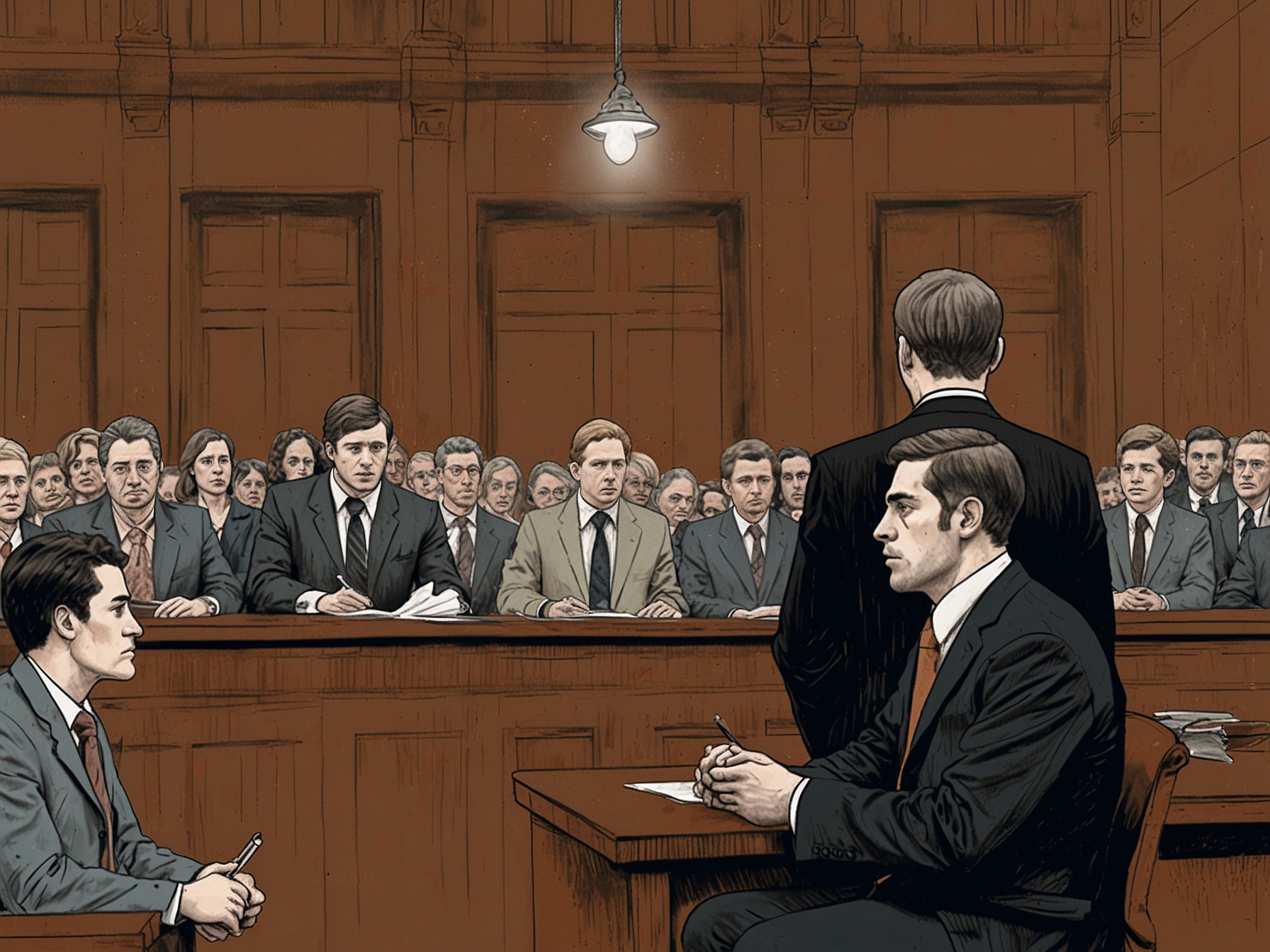 A tense courtroom scene captured, showing the diverse reactions of people as the verdict is delivered, illustrating the emotional weight of the trial surrounding Daniel Penny and Jordan Neely's case.