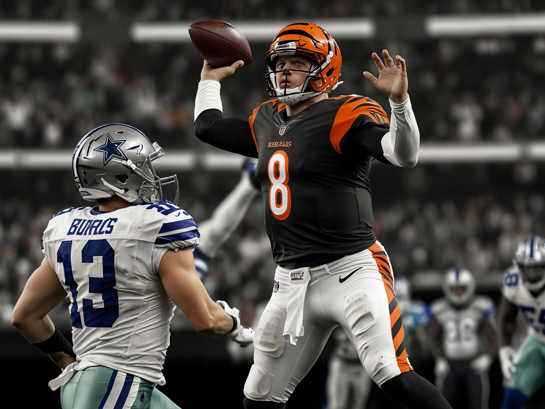 Cincinnati Bengals quarterback Joe Burrow throws a pass to Ja'Marr Chase in the final moments of the game against the Dallas Cowboys, showcasing the intensity of the match.
