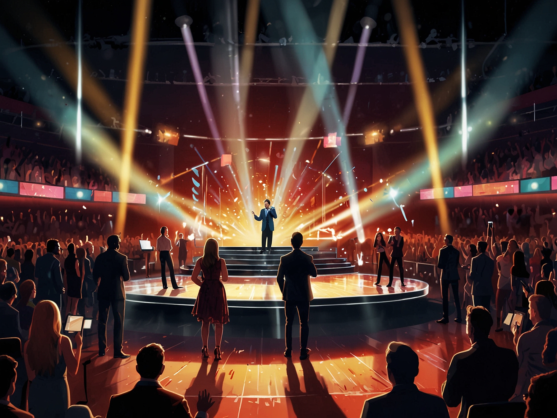 An exciting scene from 'The Voice' finale, showcasing contestants performing live on stage, surrounded by colorful lights and the enthusiastic audience cheering them on.
