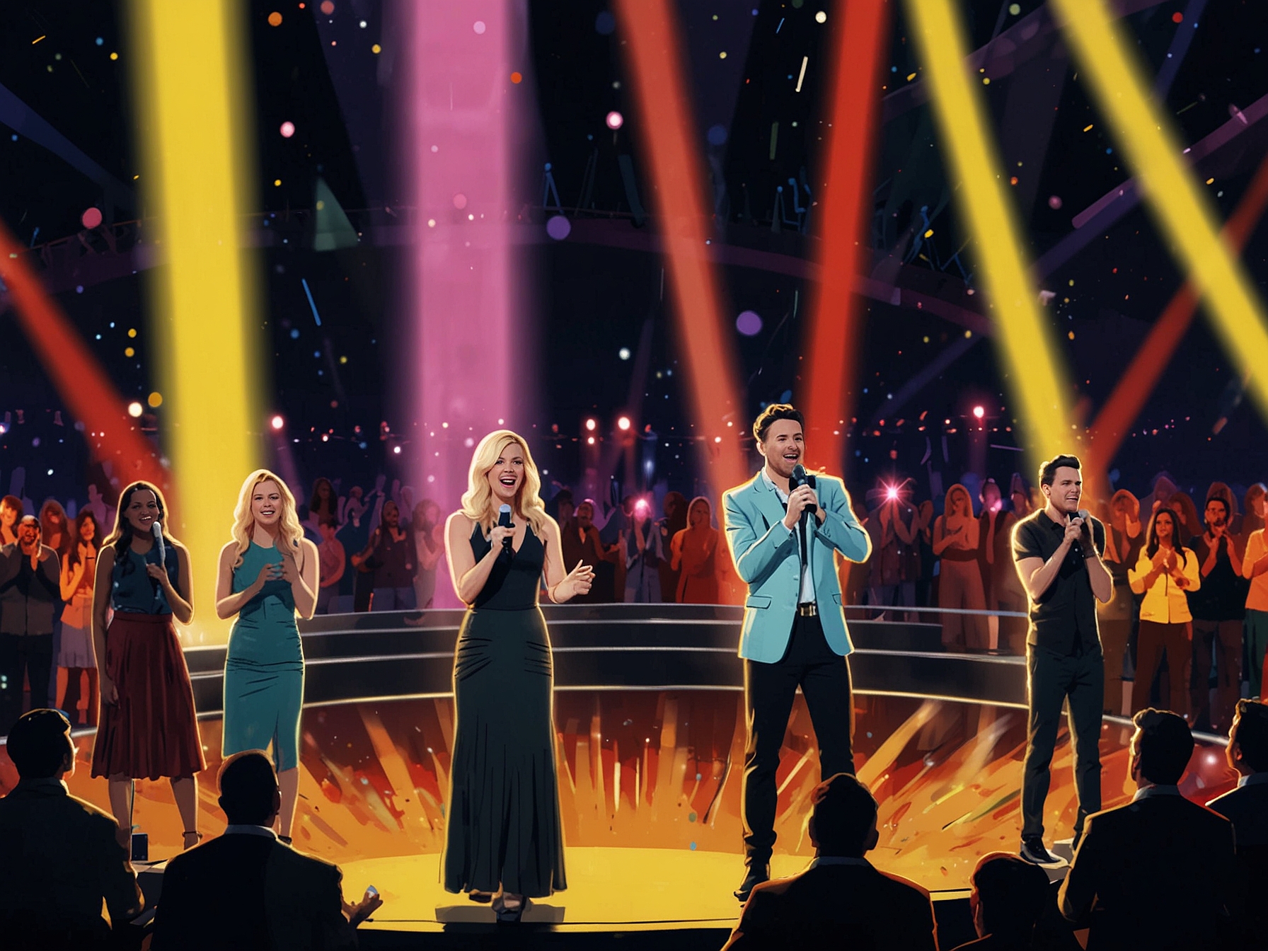 A close-up of the top contestants preparing backstage, showcasing their focused expressions and the camaraderie among them as they gear up for the finale.