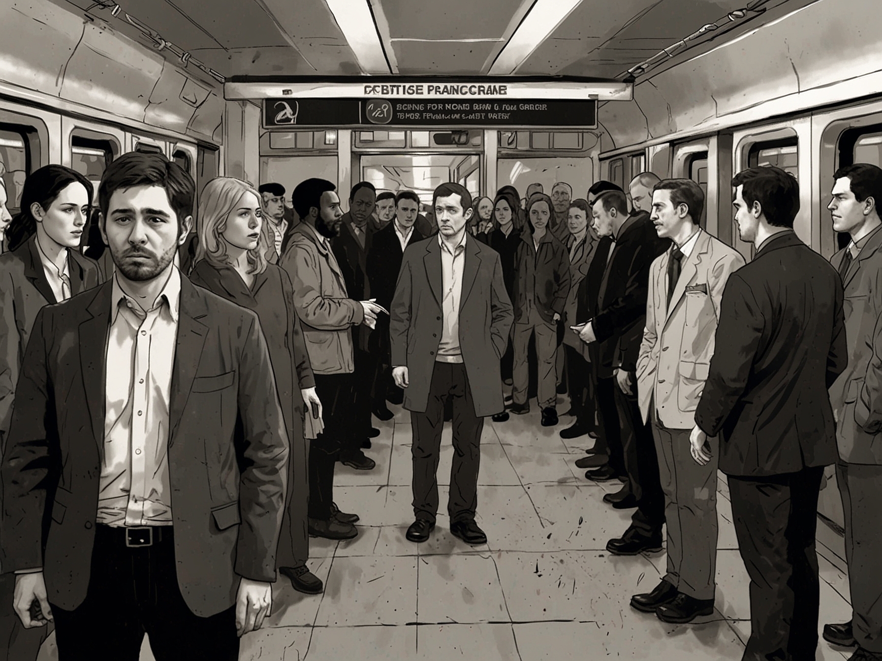 A tense scene on a subway platform, illustrating the divide among passengers, with emotional protesters holding signs advocating for mental health awareness and accountability following the verdict in the Daniel Penny case.