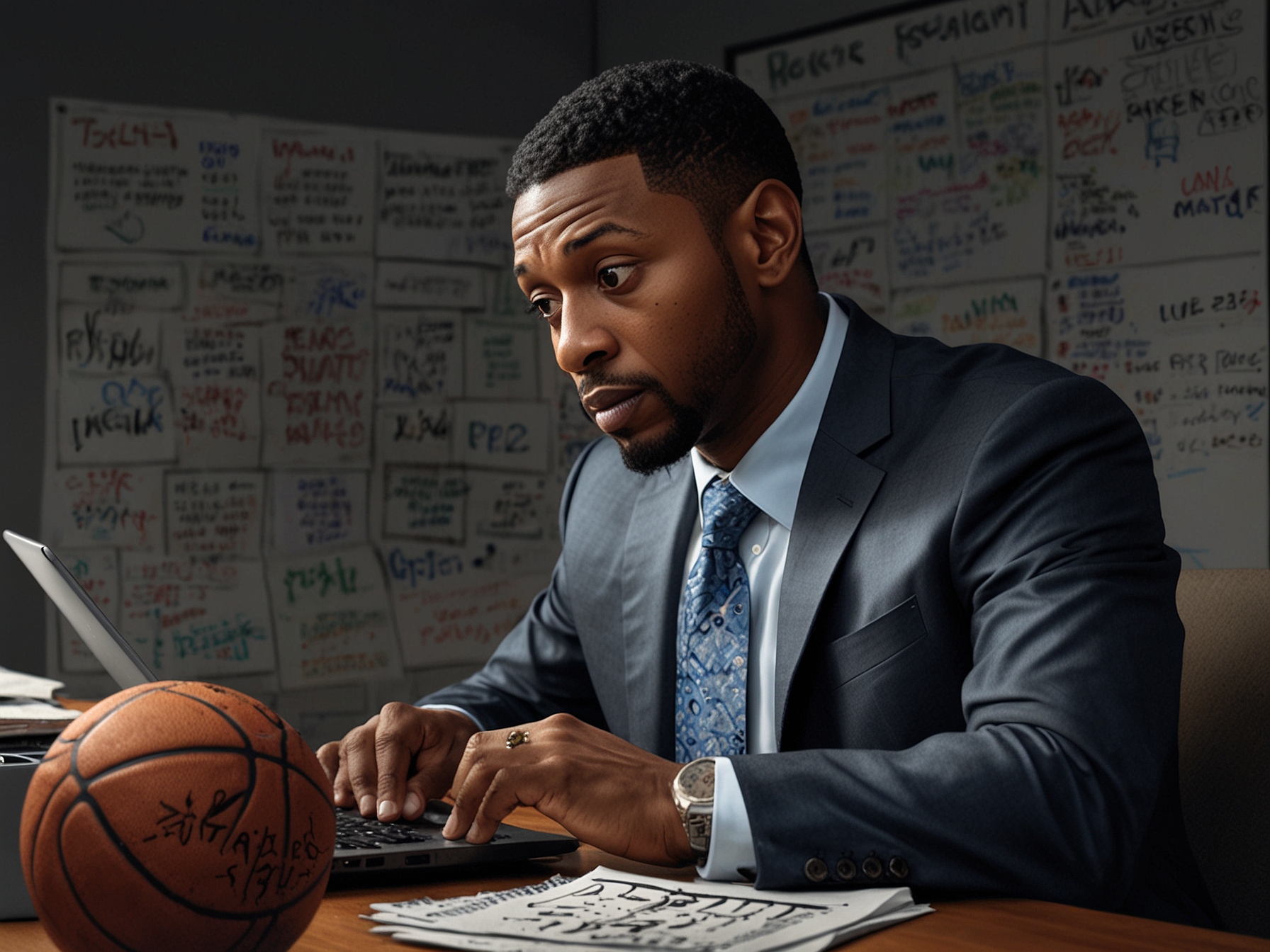 A fantasy basketball manager anxiously checks player stats and updates on a laptop, surrounded by notes and a basketball, reflecting on roster decisions after Scottie Barnes' injury.