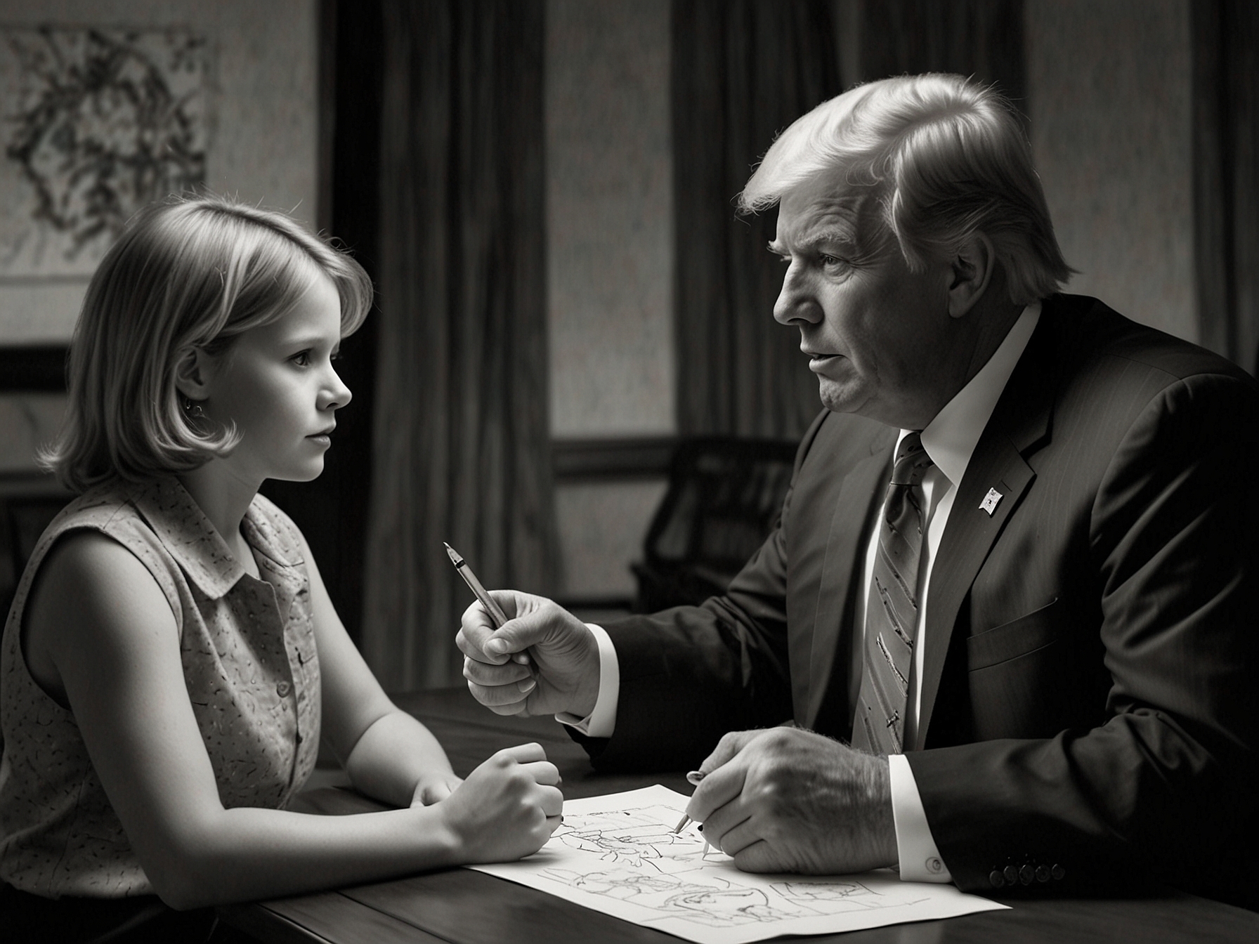 An illustrative image depicting Donald Trump and Robert F. Kennedy Jr. engaged in a discussion about autism and vaccines, with concerned parents in the background reflecting on the issues.