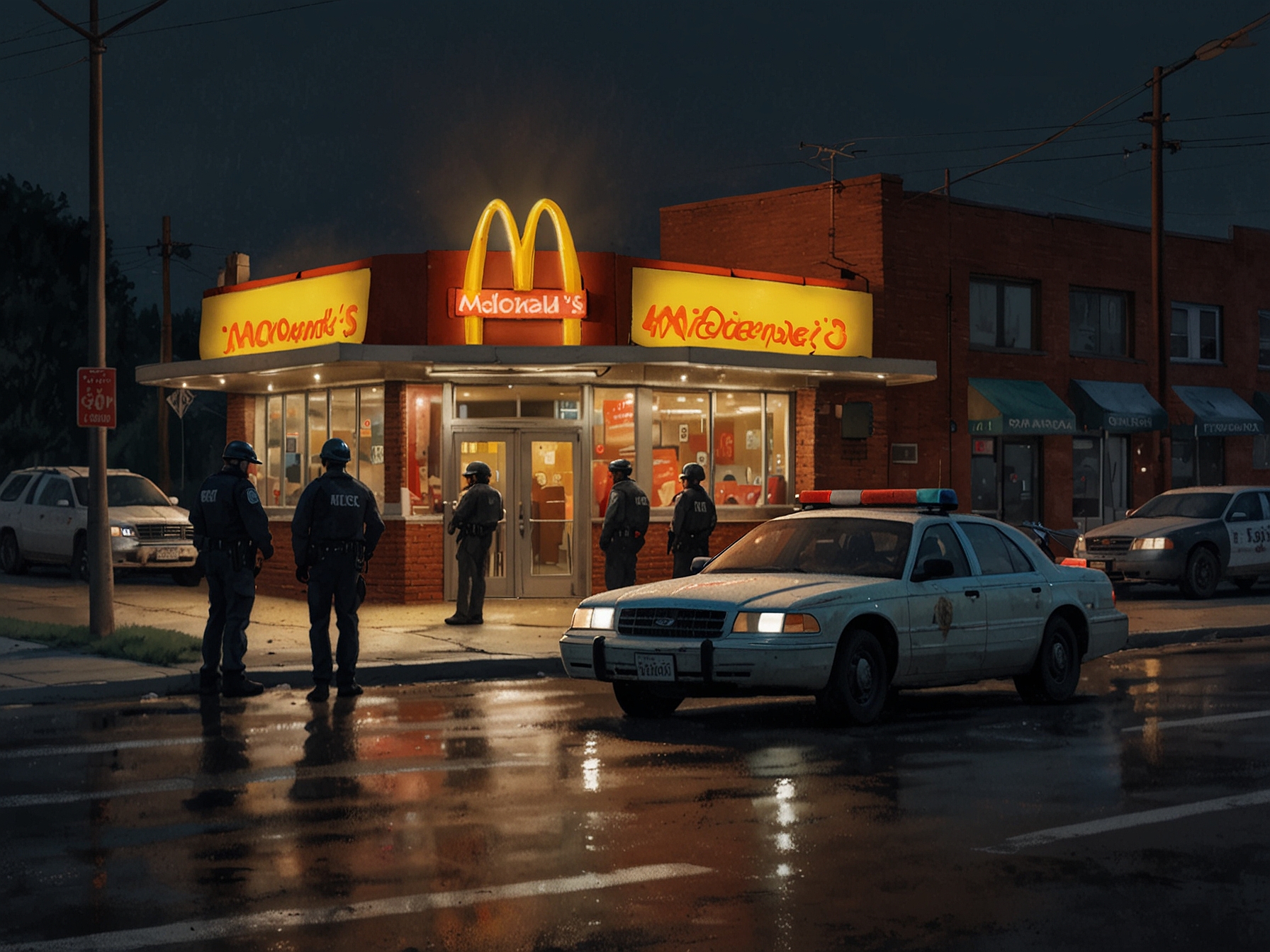 A somber scene depicting a McDonald's restaurant where Luigi Mangione was arrested, with police vehicles in the foreground, highlighting the intersection of gun violence and personal tragedy.