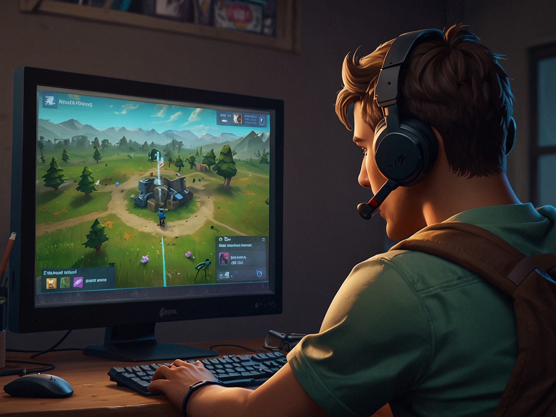An illustration showing a frustrated Fortnite player looking at a gaming screen displaying a refund notification, symbolizing the unintended purchases and financial implications for players.