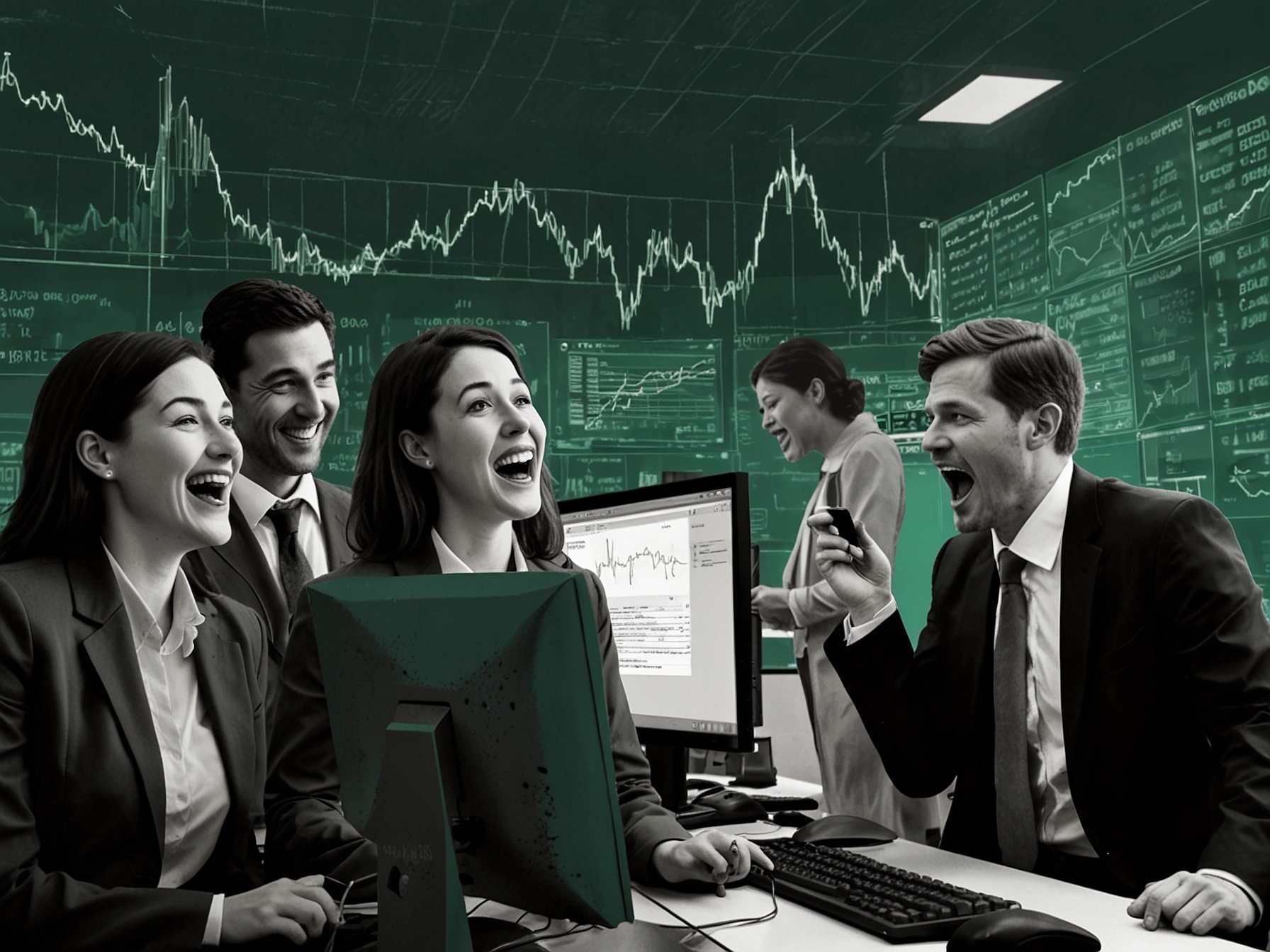 An excited group of investors checking their share allotment status on computers and smartphones, reflecting the anticipation around the Emerald Tyre IPO. The image showcases a mix of emotions from hope to anxiety.