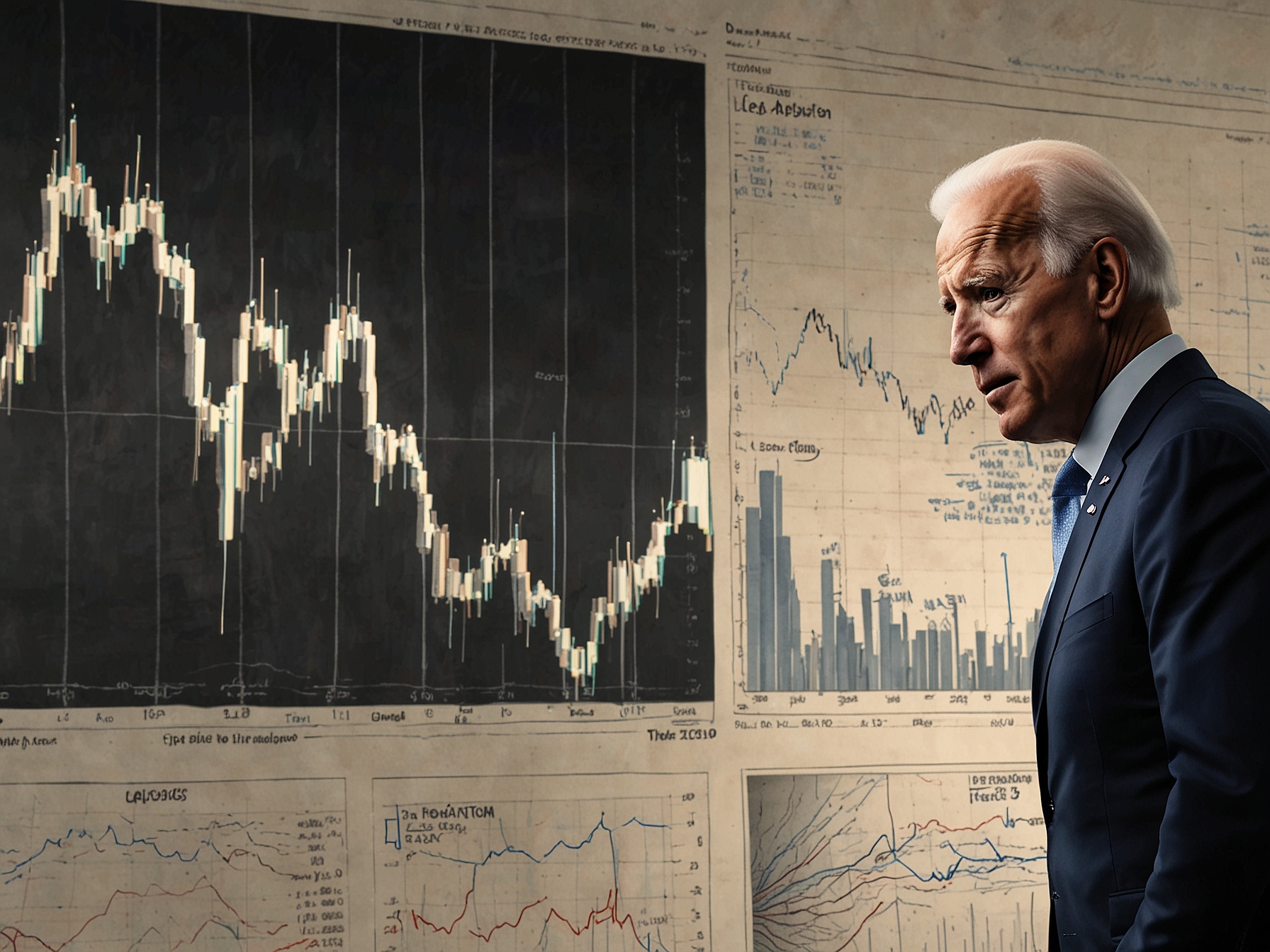 An illustration depicting President Biden looking concerned in front of a backdrop of rising inflation graphs, chaotic international scenes, and a divided America to convey the current state of his presidency.