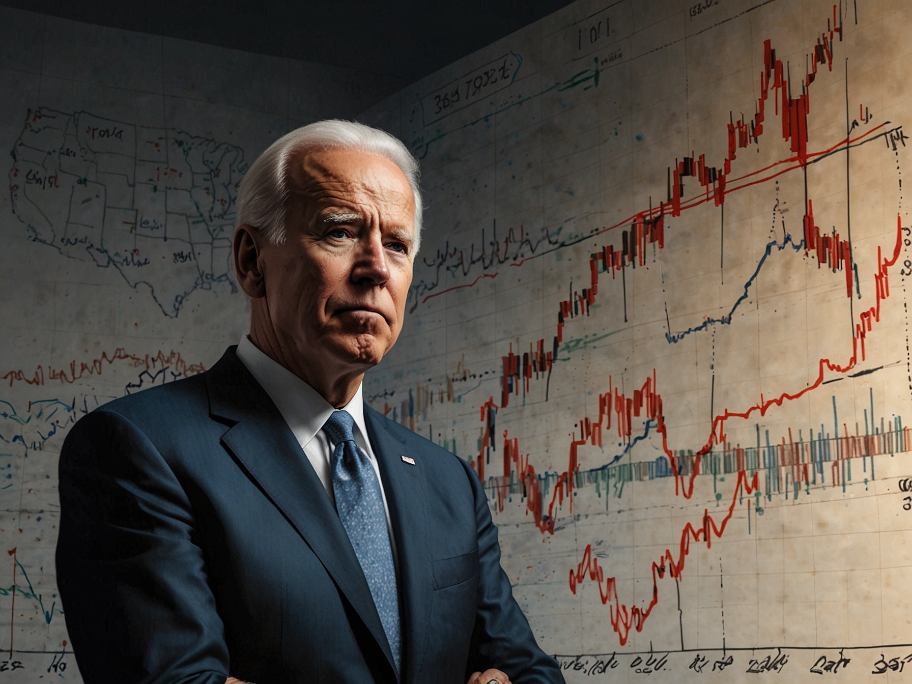 A dramatic image capturing a split scene with Biden on one side and Trump on the other, symbolizing the contrast between their leadership styles and public perceptions.