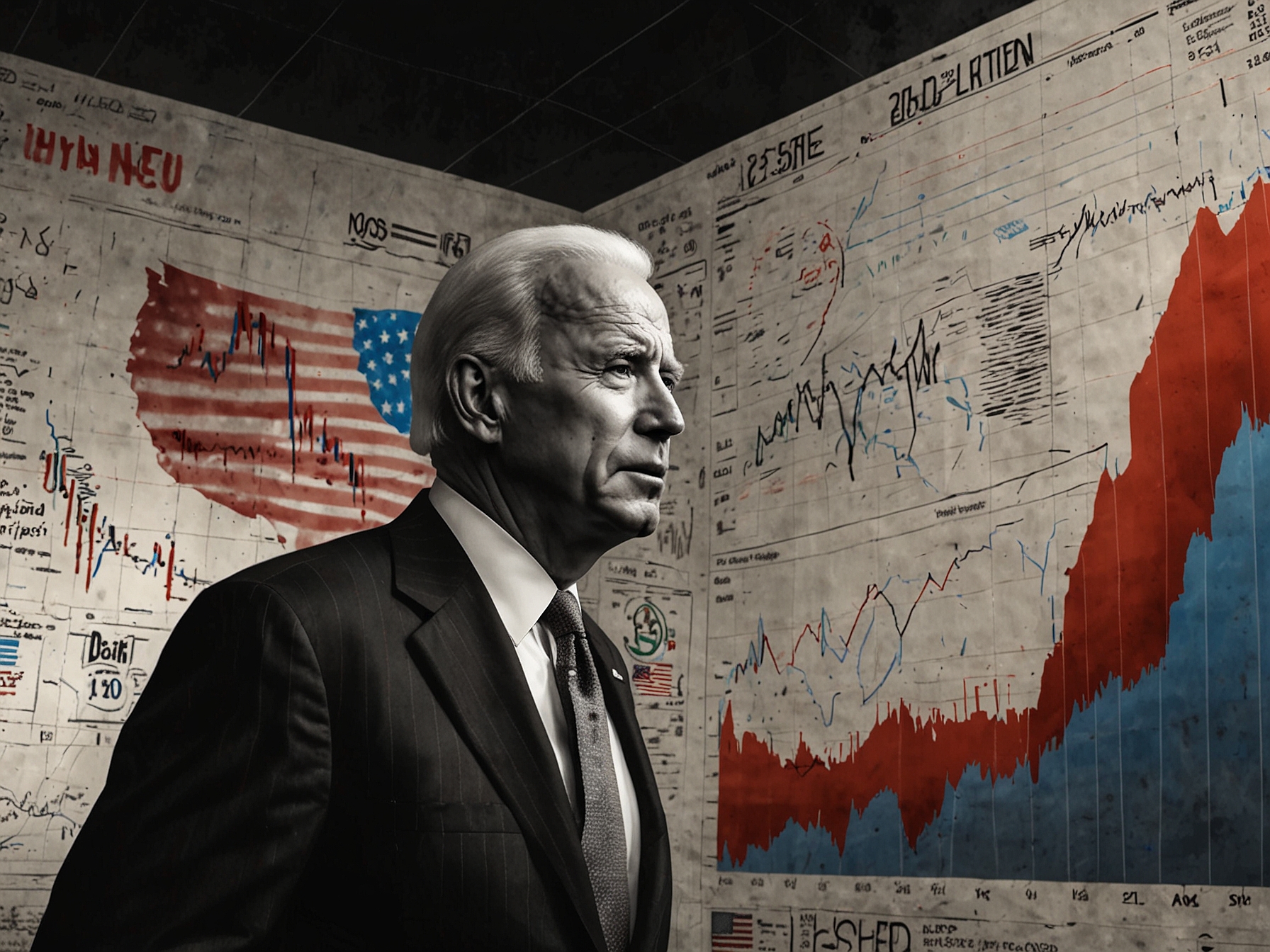 An artistic representation of frustrated Americans at a grocery store checkout, overwhelmed by high prices, evoking the economic challenges faced during Biden's presidency.