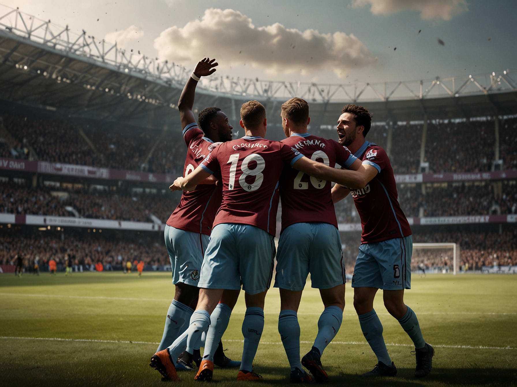 An intense action shot from the match showing West Ham players celebrating after scoring a goal, with fans cheering passionately in the background, highlighting the spirit of the game.