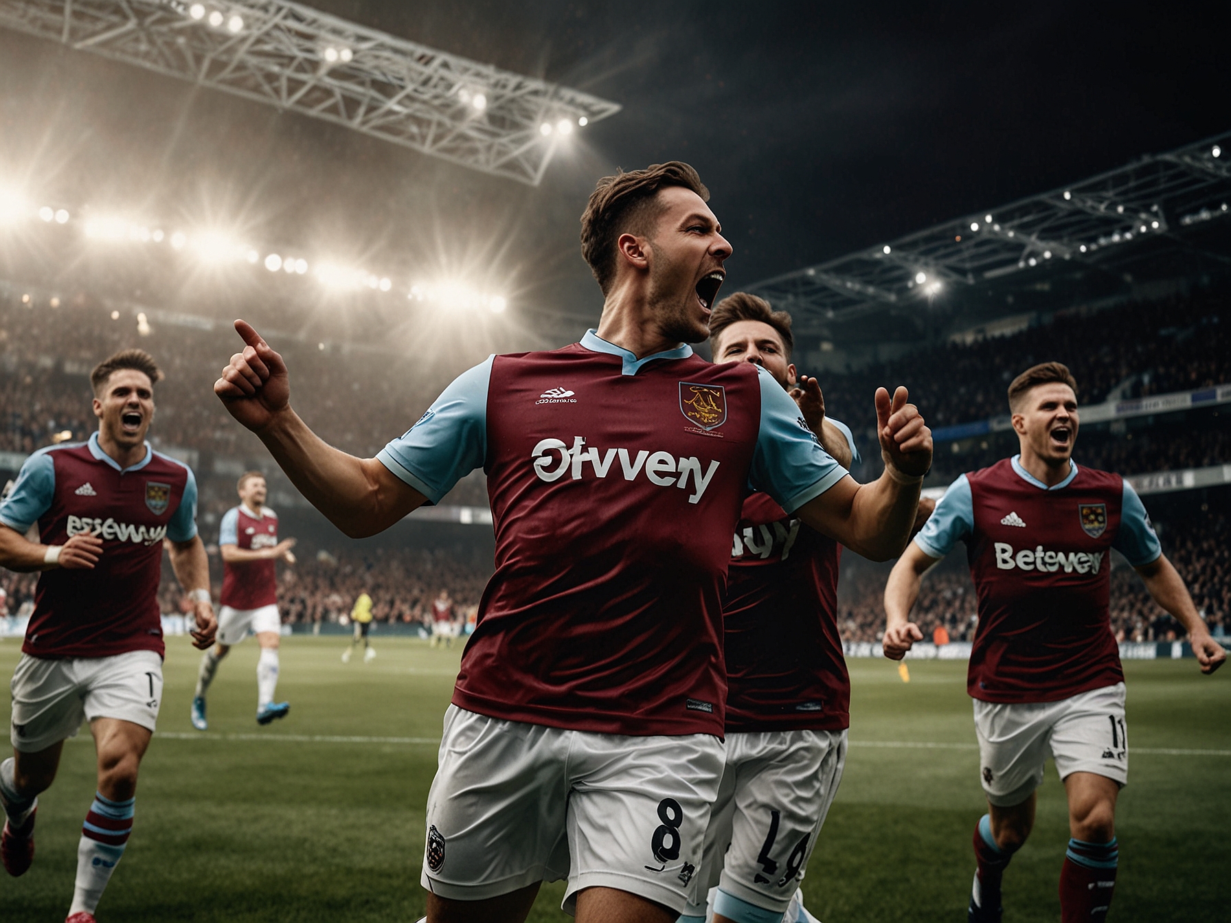 Jarrod Bowen celebrating enthusiastically after scoring the winning goal, holding up Michail Antonio's shirt amidst a sea of jubilant West Ham fans, encapsulating the victory's emotional weight.
