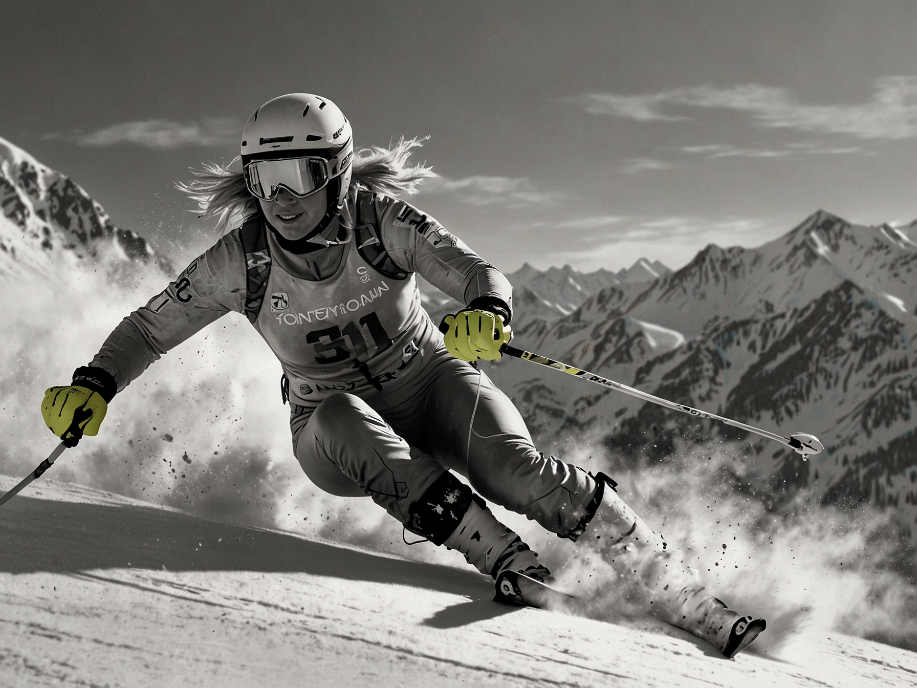 An action shot of Lindsey Vonn in alpine gear, focused and racing downhill, capturing the essence of her competitive spirit and love for the sport.