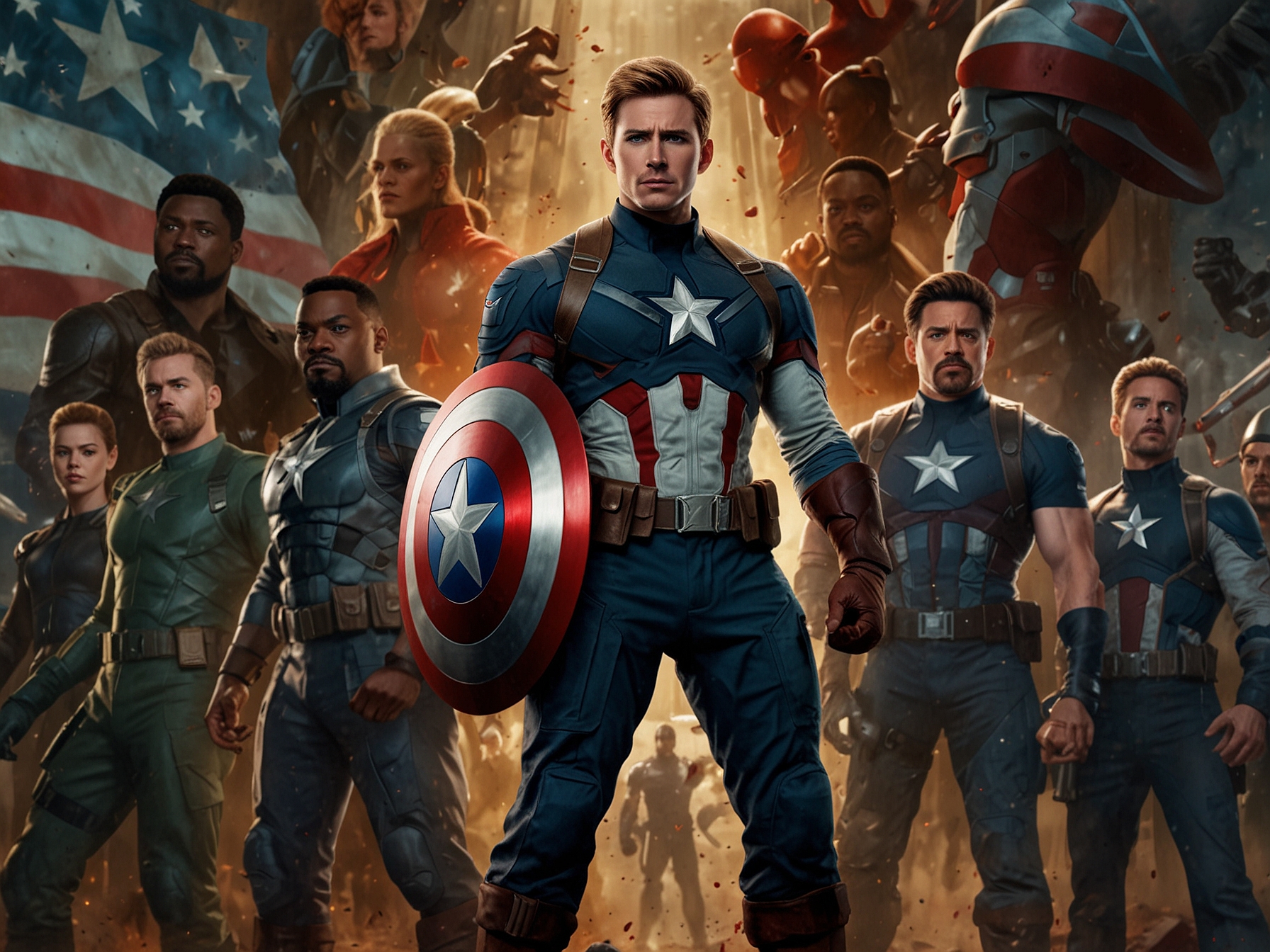 An epic movie poster featuring Chris Evans in his Captain America suit, standing with a shield in a dynamic pose, surrounded by fellow heroes and villains like Anthony Mackie and Robert Downey Jr., set against a dramatic, multiverse-themed background.