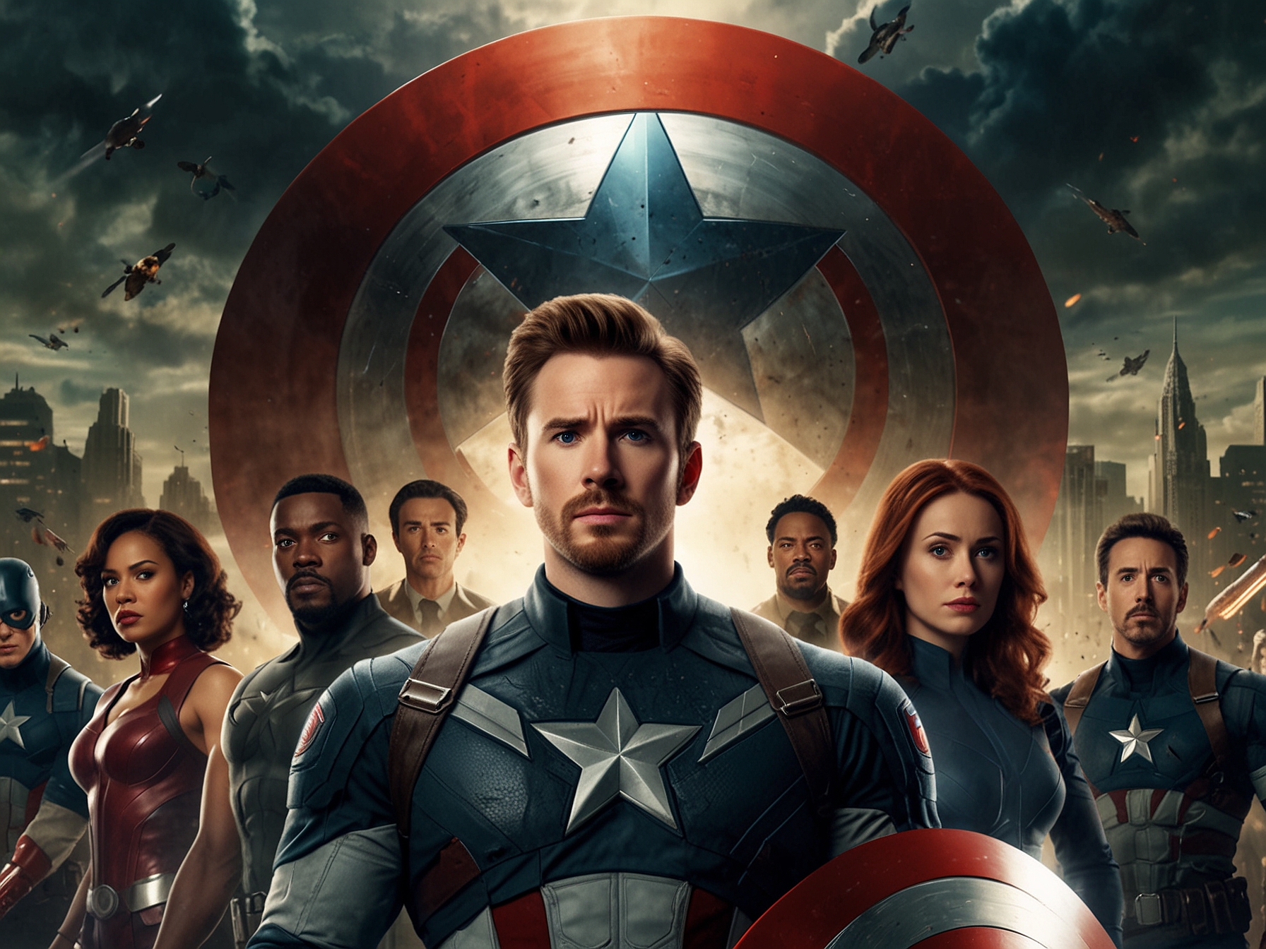 A behind-the-scenes shot of Chris Evans discussing scenes with the Russo Brothers, highlighting the energy and excitement surrounding Avengers: Doomsday's production, with Marvel insignia visible in the background.