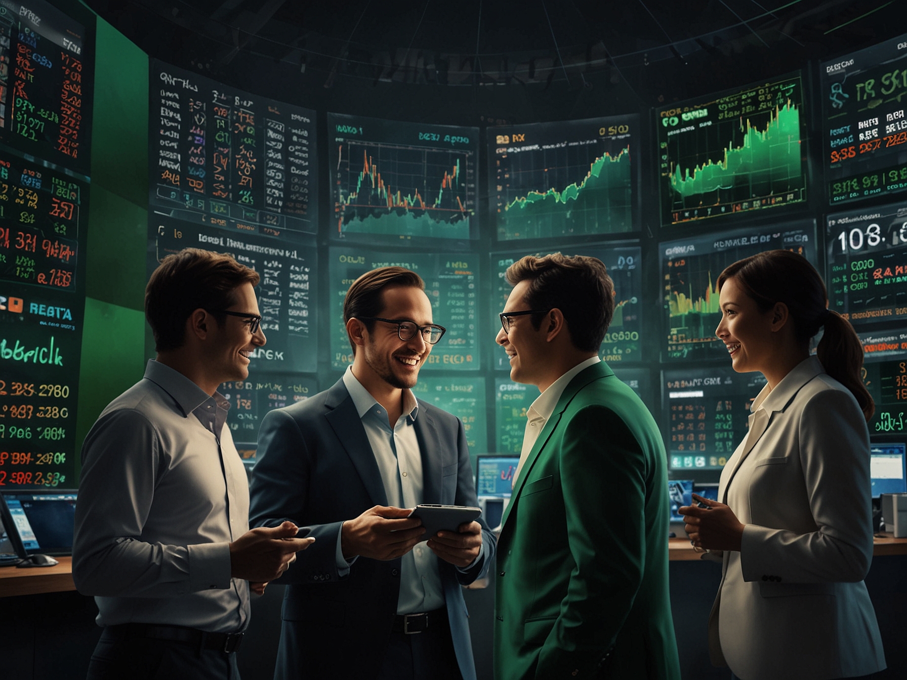 An illustration showing the bustling stock market scene, with investors excitedly discussing the Emerald Tyre IPO in front of digital screens displaying stock prices and the company's logo.