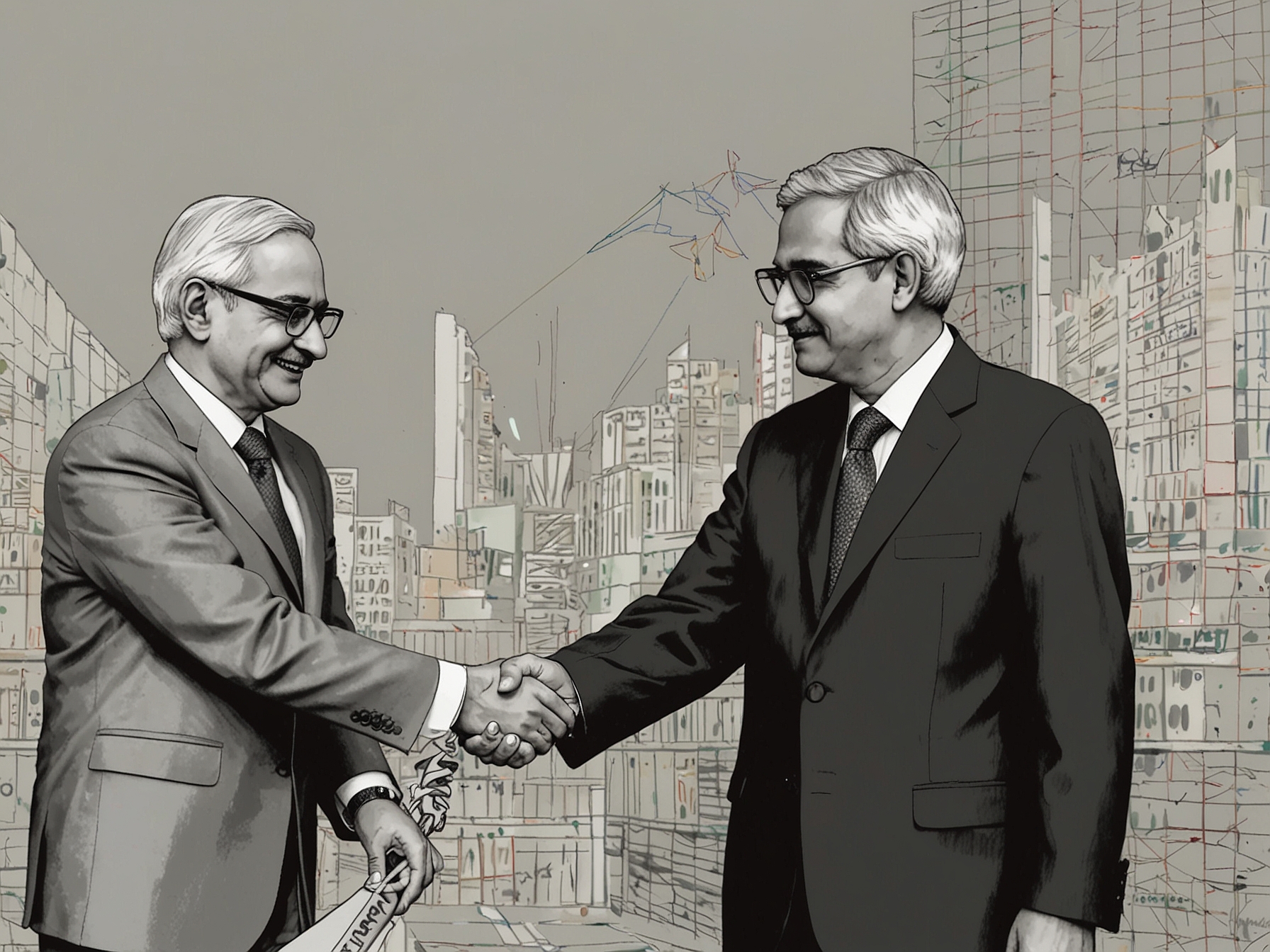 An illustration depicting Shaktikanta Das handing over a baton to Sanjay Malhotra, symbolizing leadership transition at the RBI, set against a backdrop of fluctuating economic graphs, technology icons, and diverse people accessing financial services.
