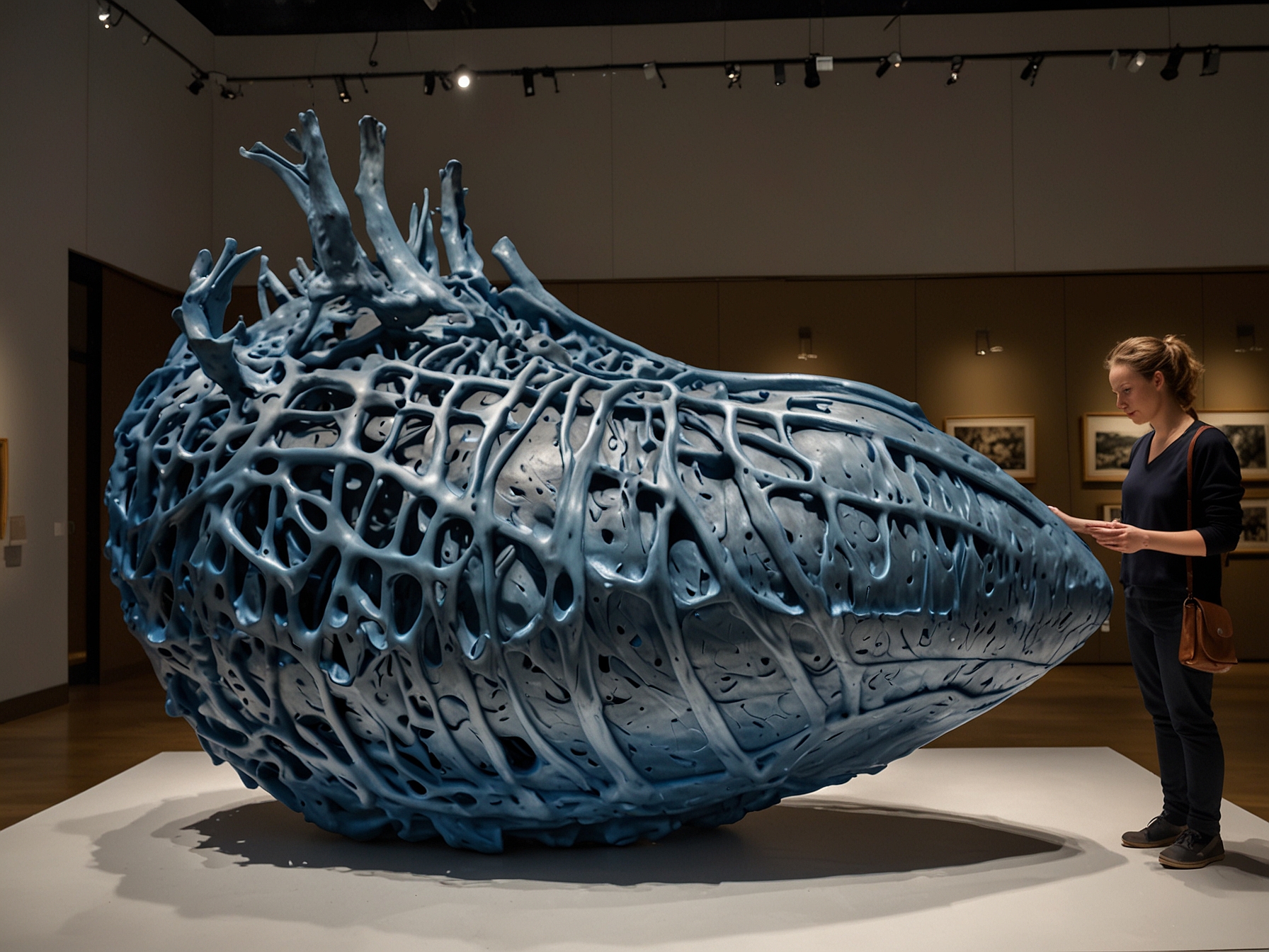 A close-up view of the preserved blue whale heart displayed in the Royal Ontario Museum, showcasing its intricate structures and size compared to human hands.