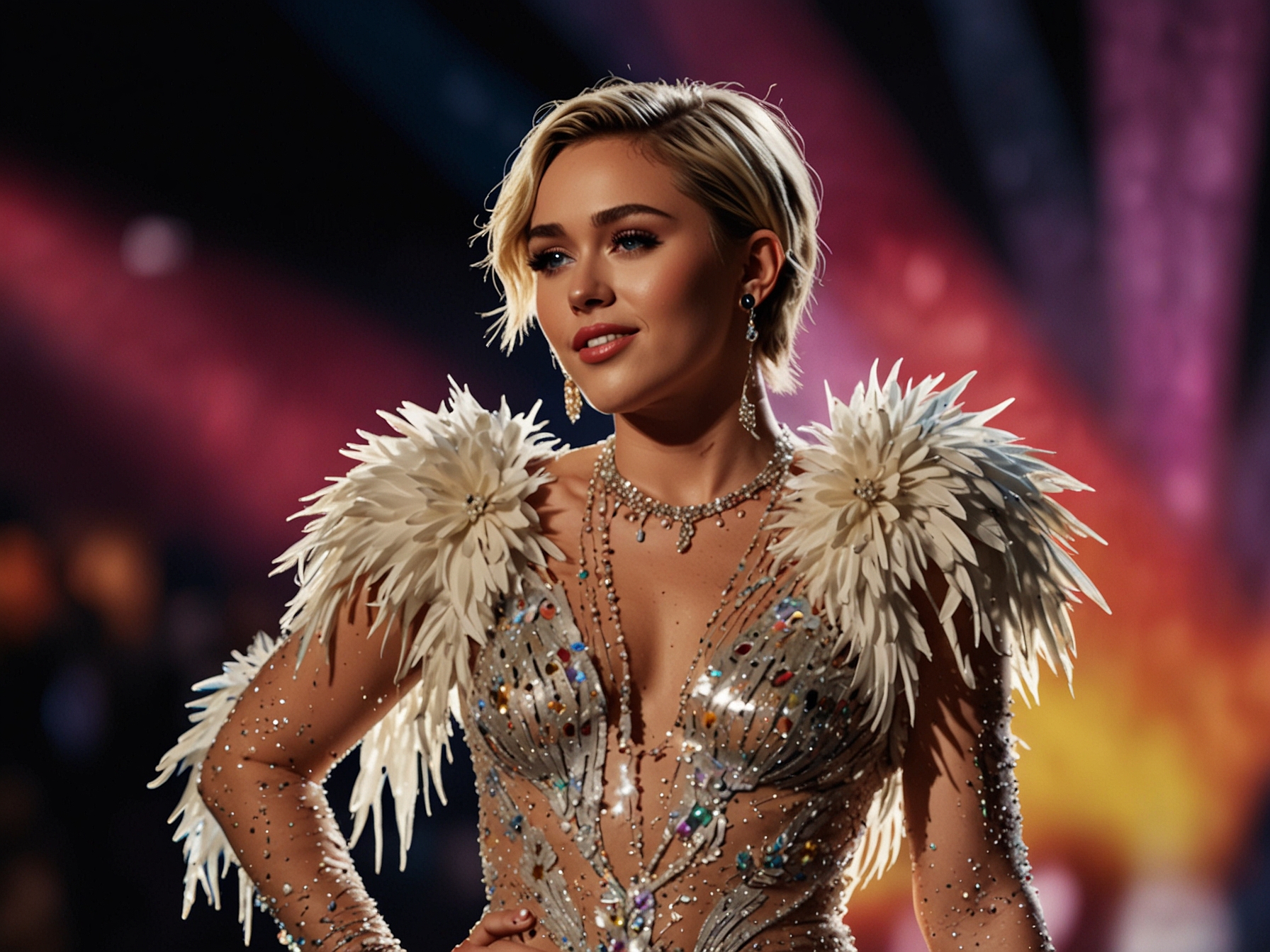 A close-up of the stunning beaded fringe detail of Miley Cyrus's vintage Bob Mackie dress, capturing the intricate craftsmanship that embodies glamour and artistry.