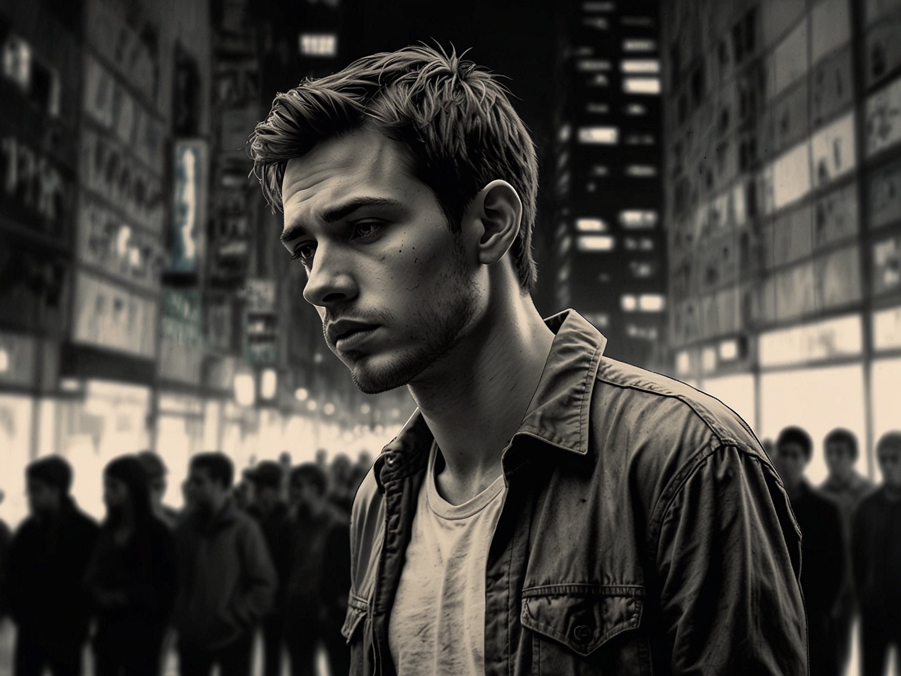 A somber image of a young man standing alone in a busy urban setting, representing isolation amidst a crowd, with thoughtful expressions reflecting internal struggles.