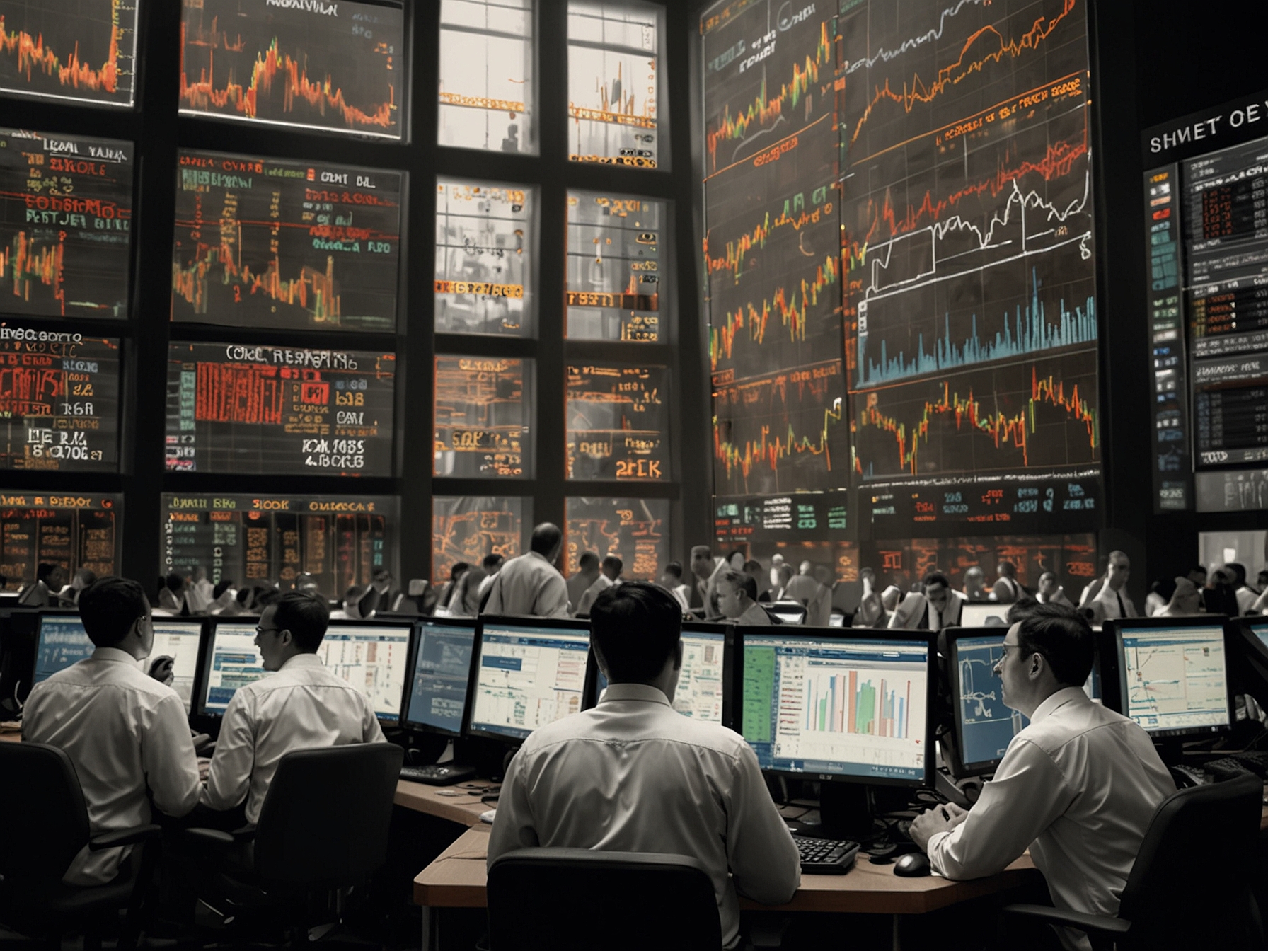 A bustling stock exchange floor with traders intensely observing screens, reflecting the volatility of the market and the excitement around specific stocks like Greaves Cotton and ITI.