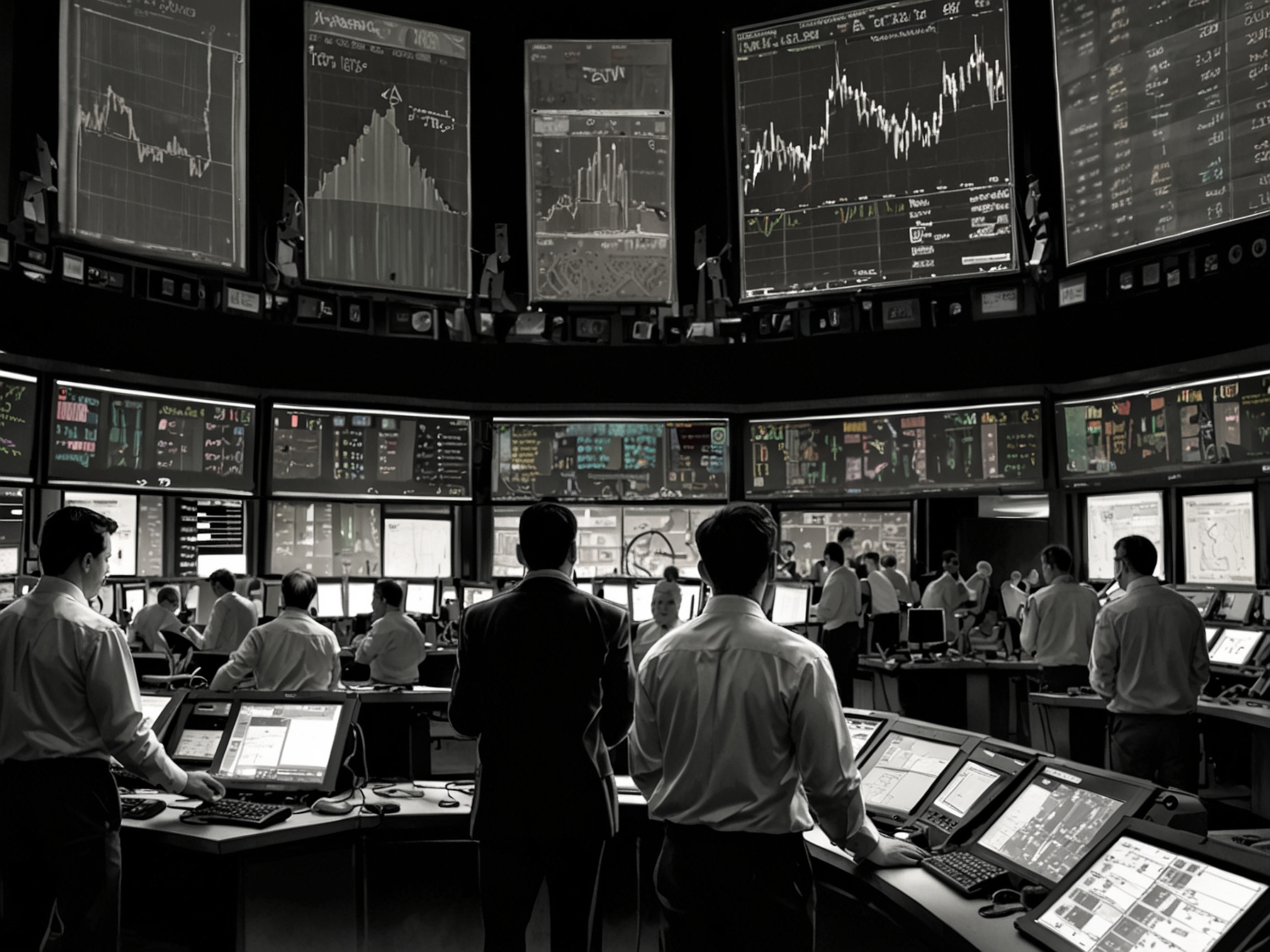 An investor analyzing stock reports with charts and trend lines in the background, capturing the essence of decision-making amidst fluctuating stock prices.