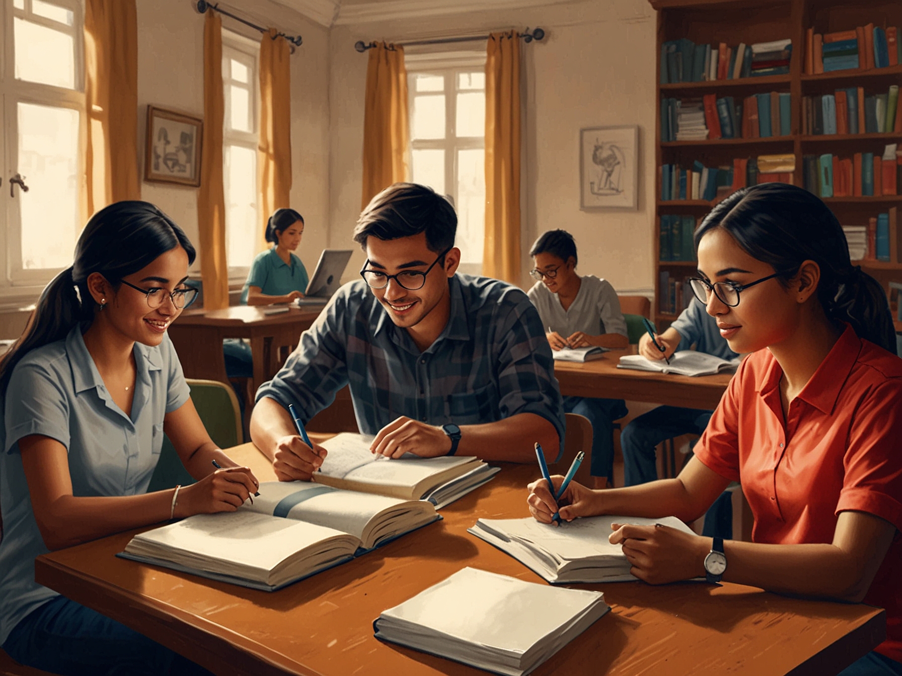 A bright, inviting image of a diverse group of students studying together, with books and laptops open, symbolizing the journey of registration and preparation for academic advancement through CSIR UGC NET.