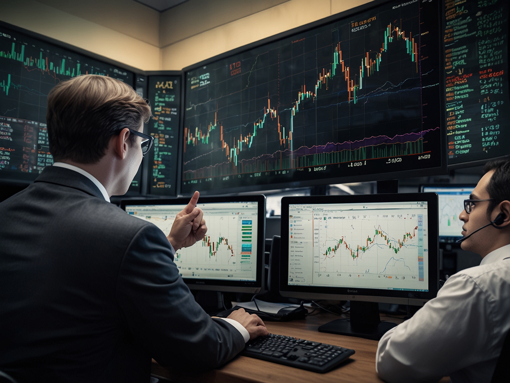 An image showing stock market trends with an emphasis on Raymond's stock performance, featuring upward graphs and trading activity. Investors are seen analyzing data on their screens.