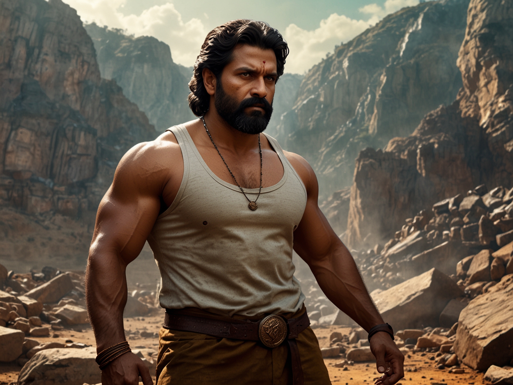 A scene from Thangalaan featuring Chiyaan Vikram passionately portraying his character against the backdrop of Kolar Gold Mines, symbolizing rebellion and struggle.