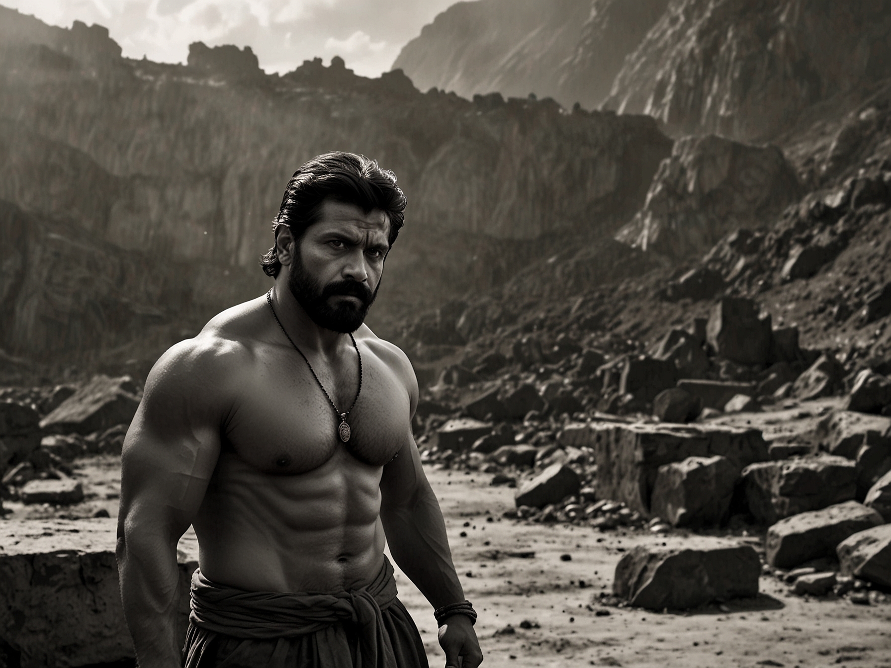 A still from Thangalaan illustrating the emotional weight of the narrative, with Vikram engaged in a pivotal moment of the storyline, surrounded by supporting cast.