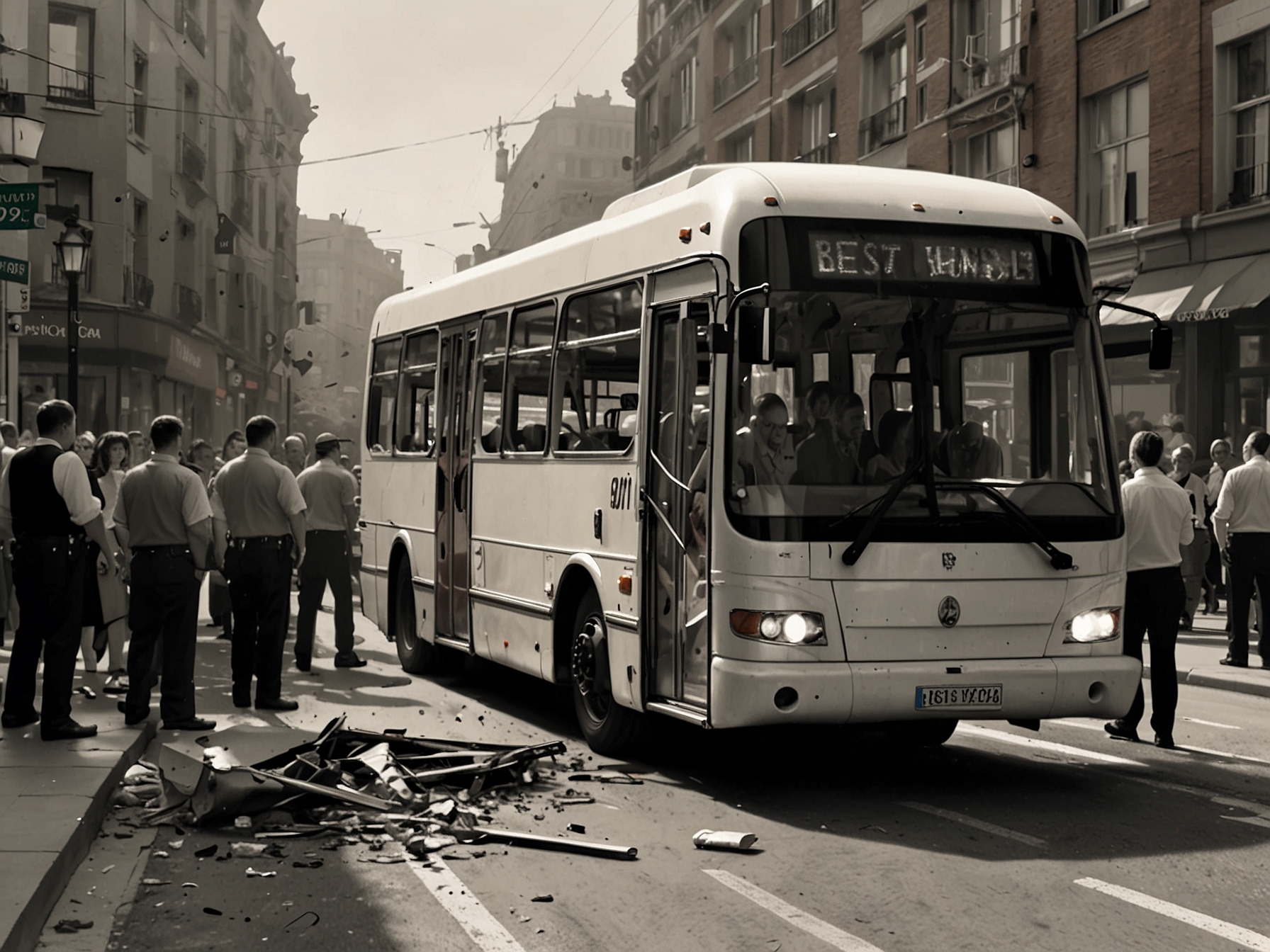 An electric BEST bus involved in a crash, with emergency responders and gathered crowds attending to the injured pedestrians on the street.