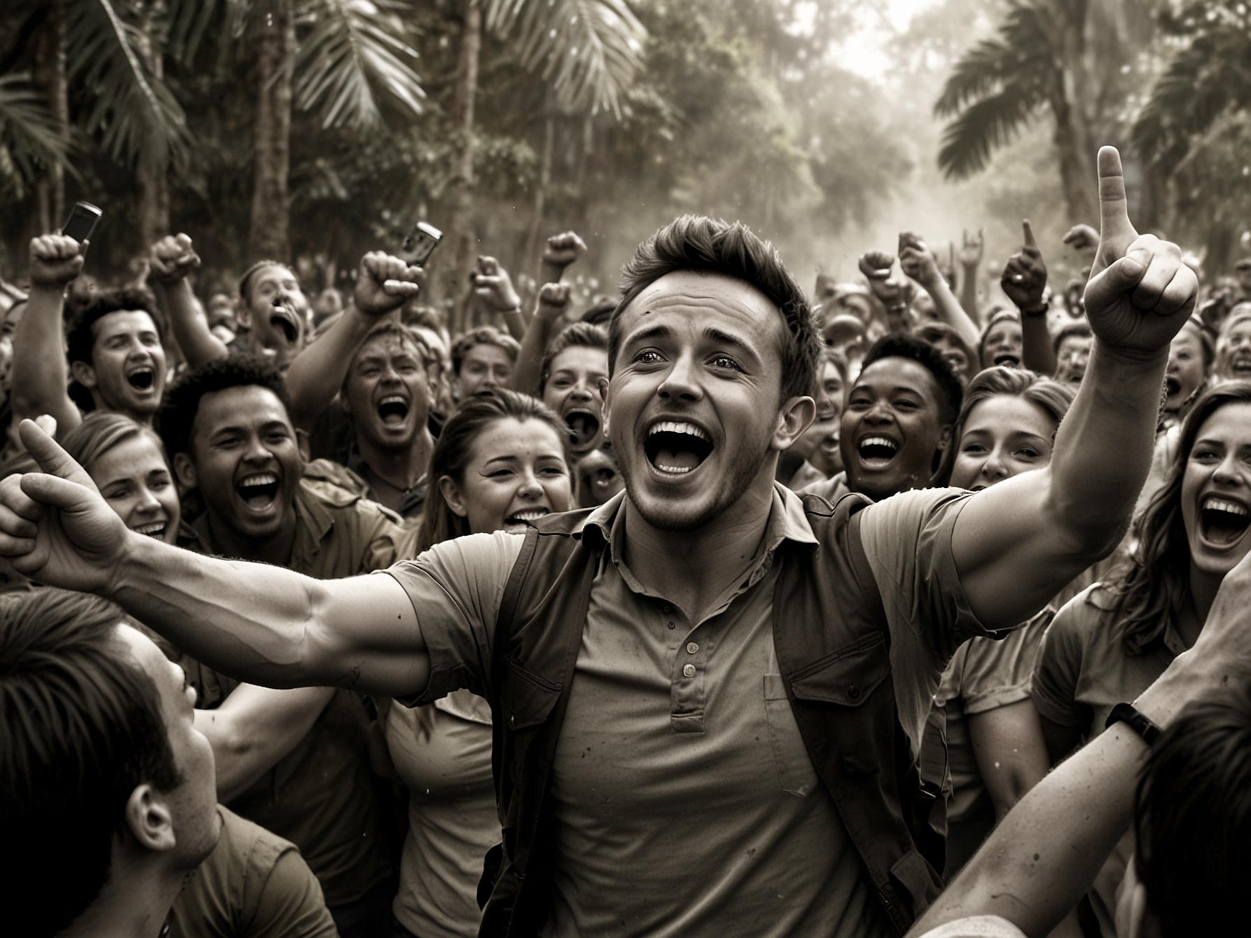 Danny Jones celebrating his victory in the jungle, surrounded by a cheering crowd, embodying the excitement and emotions of winning I'm A Celebrity.