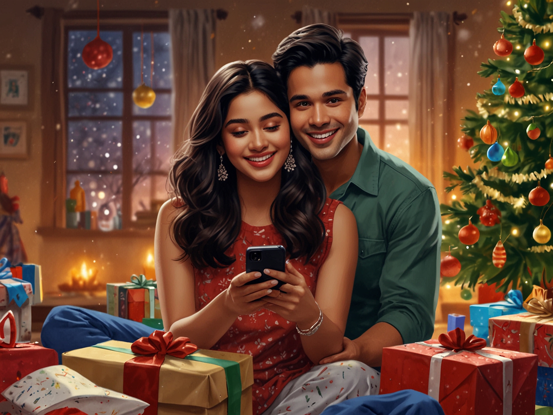A heartwarming scene featuring Janhvi Kapoor smiling and sharing a post about Varun Dhawan's film 'Baby John' on her phone, surrounded by holiday decorations that evoke the festive spirit. 