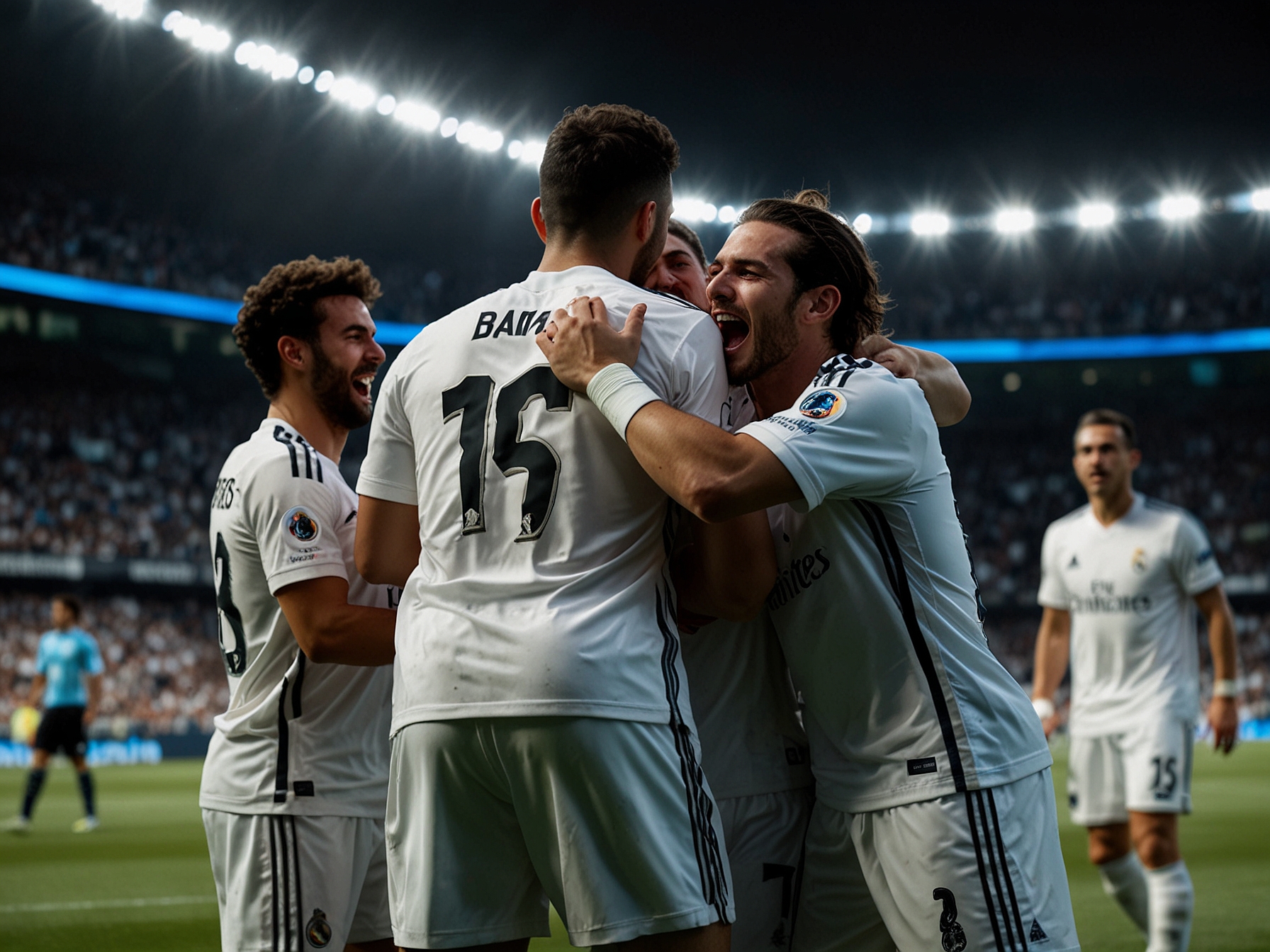 A tense moment during the match showing Real Madrid players celebrating a goal, highlighting their teamwork and determination against Atalanta.
