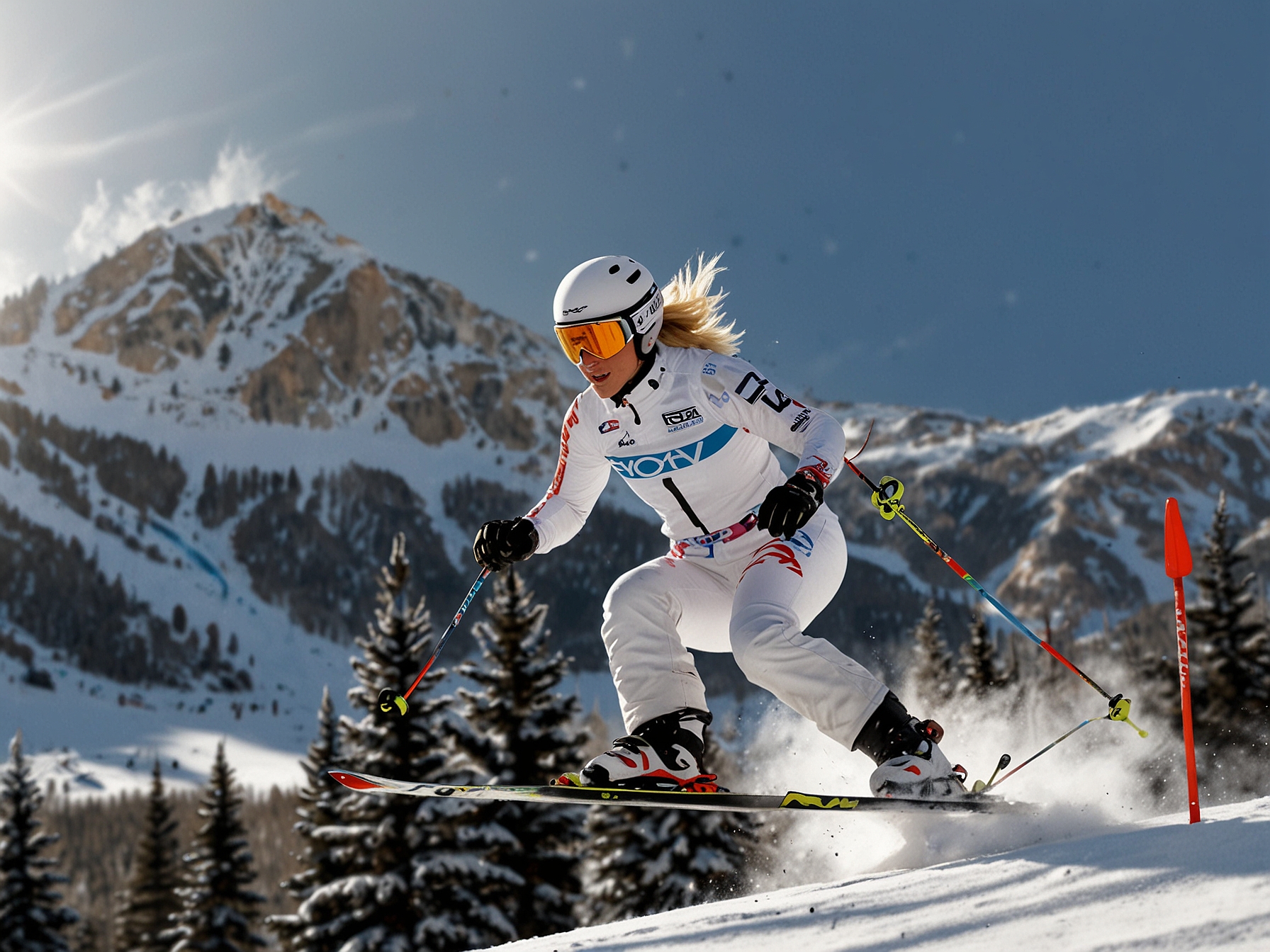 Lindsey Vonn skiing down the Birds of Prey course at Beaver Creek, showcasing her technique and determination as the sun shines brightly on the snow-covered slopes.