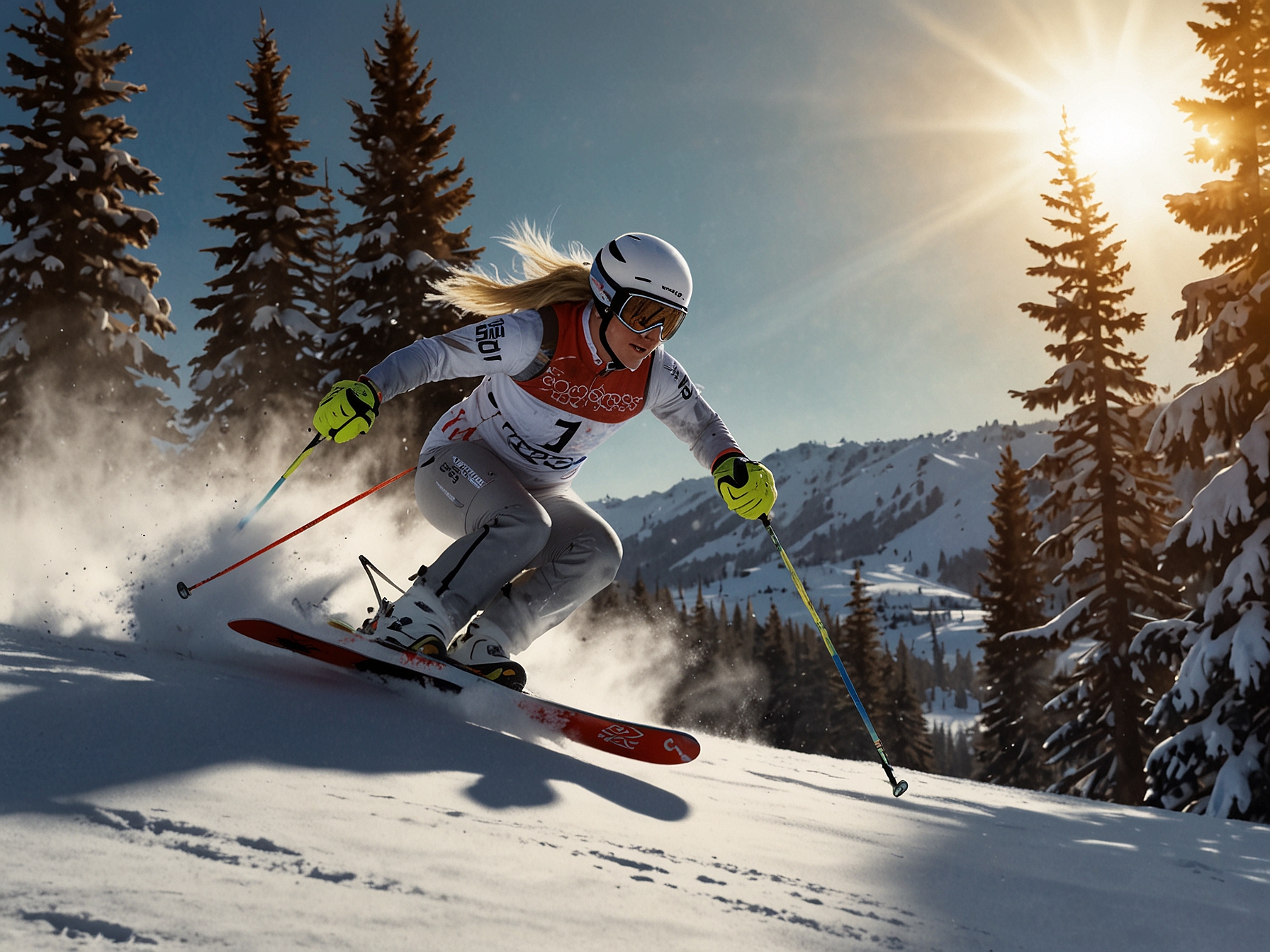A close-up shot of Lindsey Vonn's skis on the snow, capturing the moment of her poised start before a training run, highlighting her focus and readiness for the challenges ahead.
