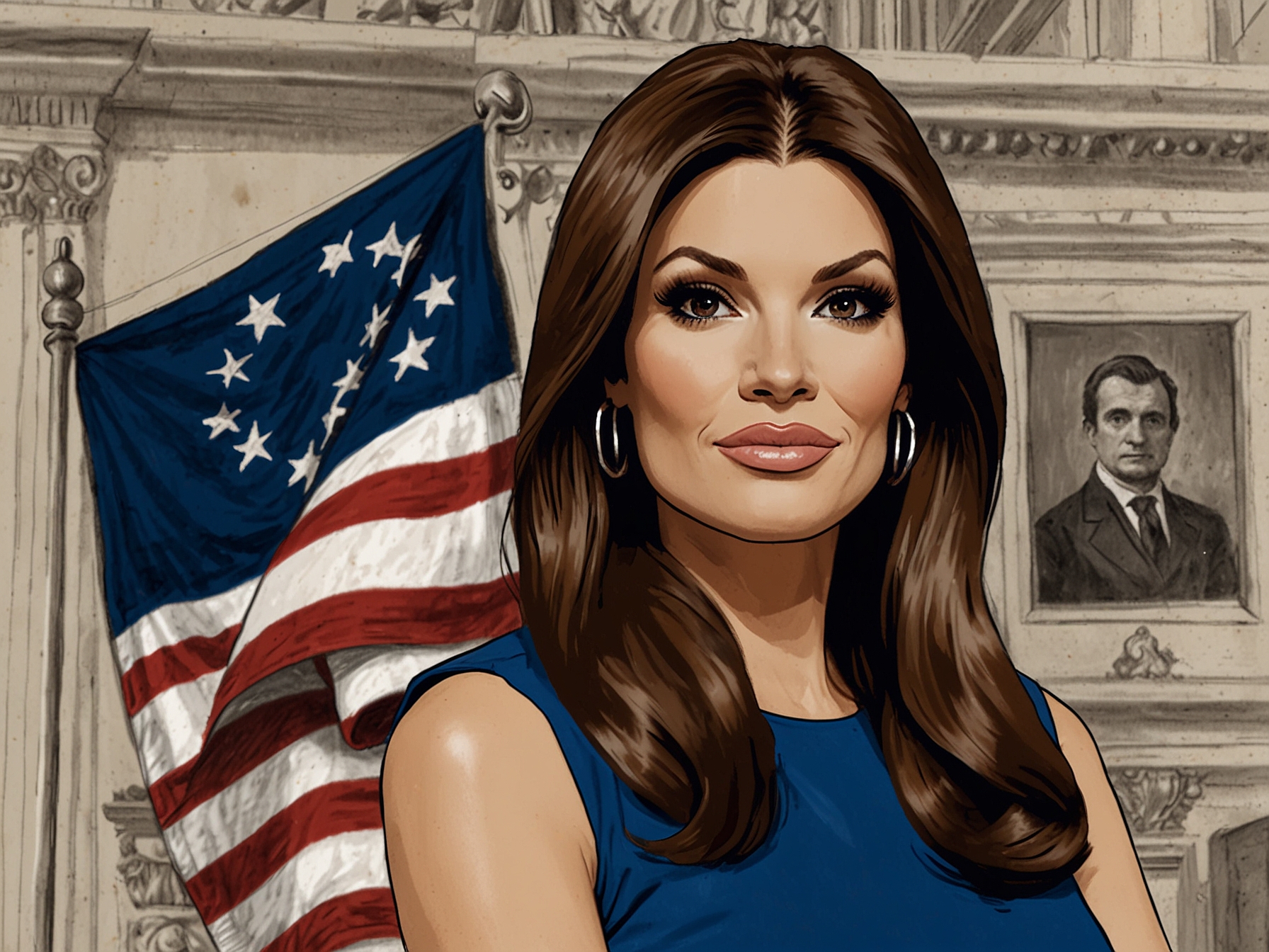 An image of Kimberly Guilfoyle at a press conference, showcasing her as the newly appointed ambassador to Greece, with a backdrop of the Greek flag and U.S. flag.