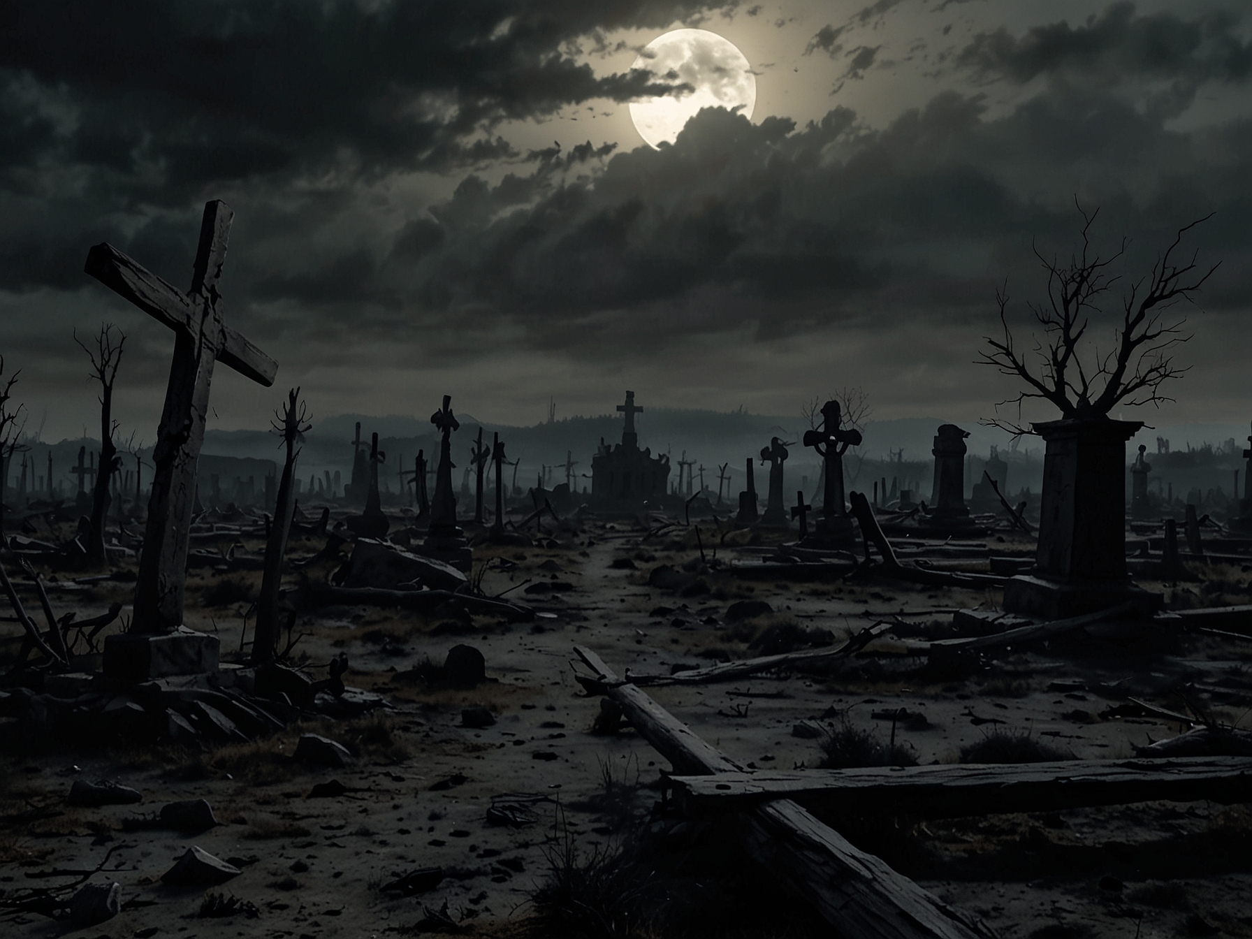 A haunting scene from the 28 Years Later trailer shows a desolate landscape with burning graves and skeletal structures looming in the background, evoking a sense of despair and survival.