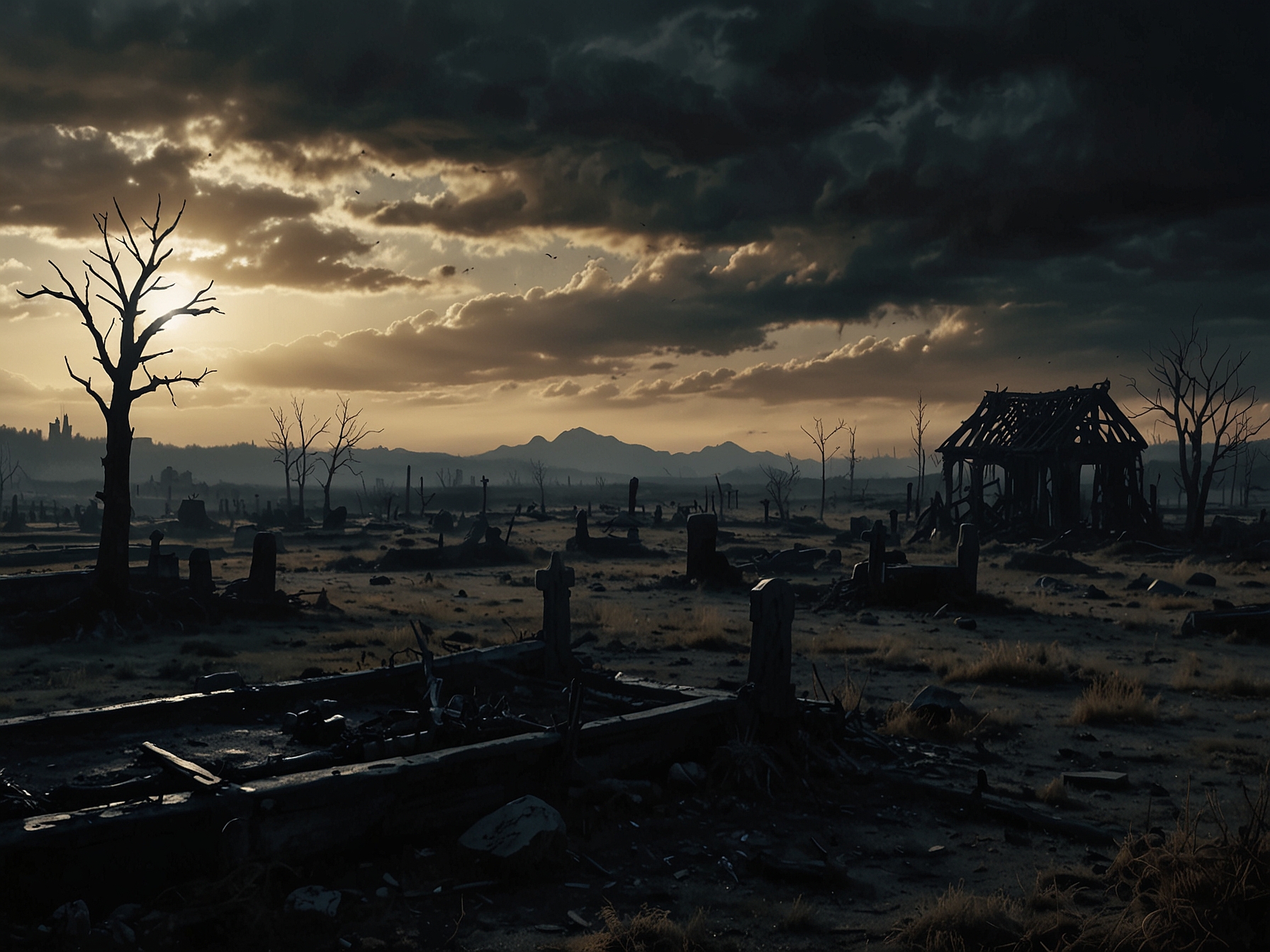 A close-up of Aaron Taylor-Johnson, equipped with a bow and arrow, navigating through a post-apocalyptic environment filled with ruins, denoting primal instincts amidst chaos.