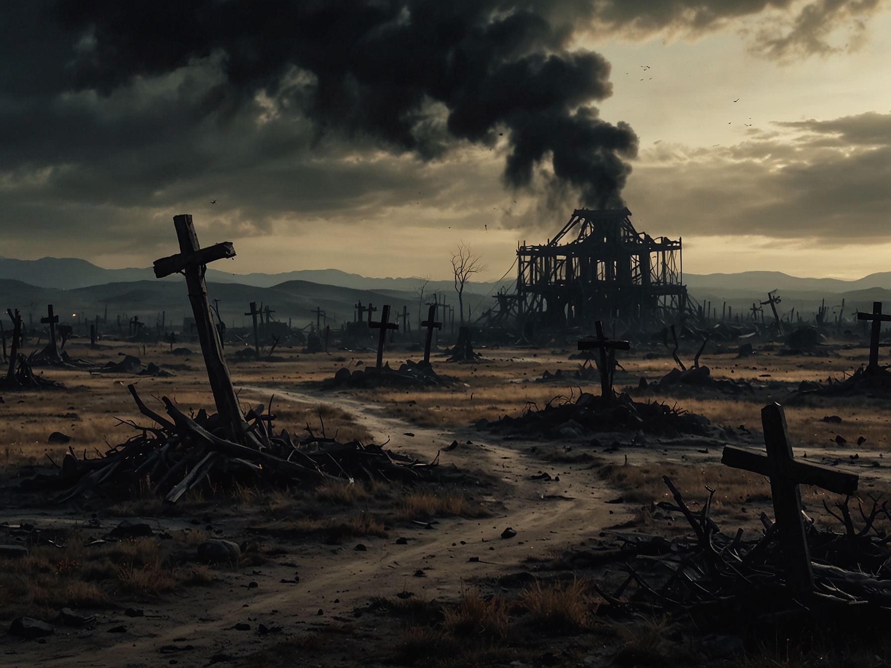 An eerie visual montage of old vinyl records and haunting quotes from Kipling's poem, layered over grainy shots of decay and destruction, symbolizing the blend of nostalgia and horror.