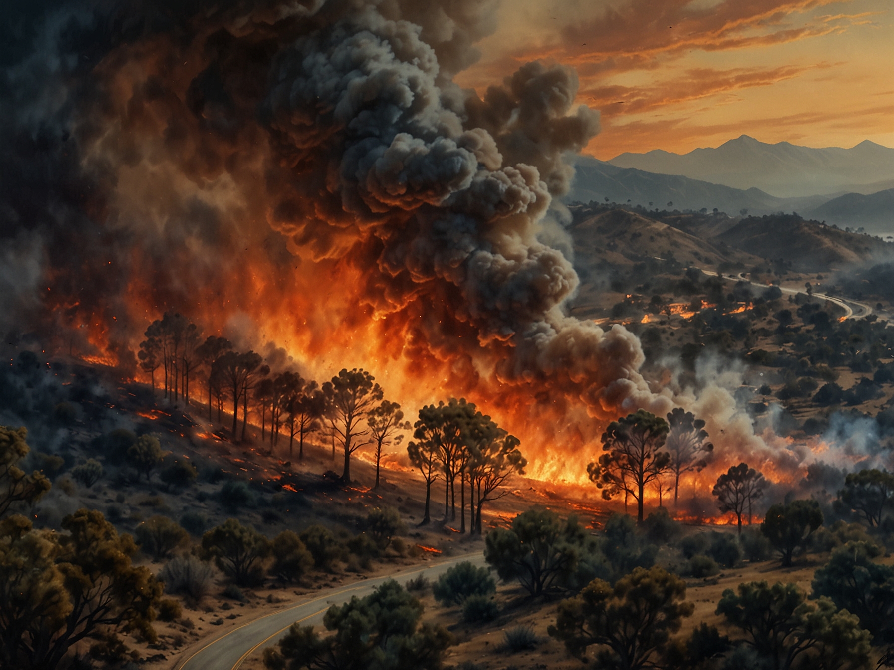A dramatic aerial view of the Franklin Fire raging near Malibu, showing flames consuming dry vegetation against a backdrop of smoke and ash-filled skies.