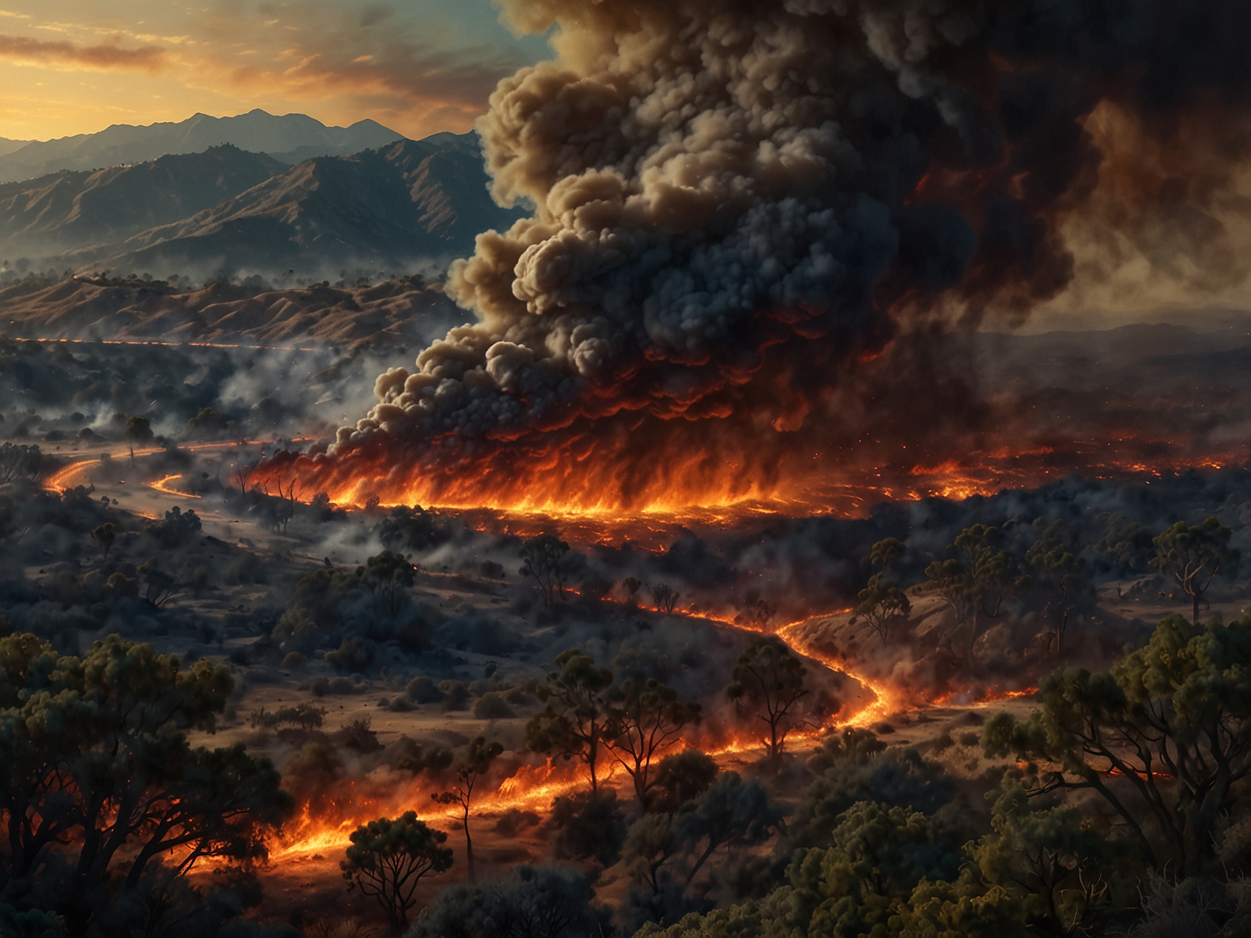 Residents of Malibu evacuate their homes, hurriedly packing their belongings, while the sky looms ominously with smoke from the ongoing fire.