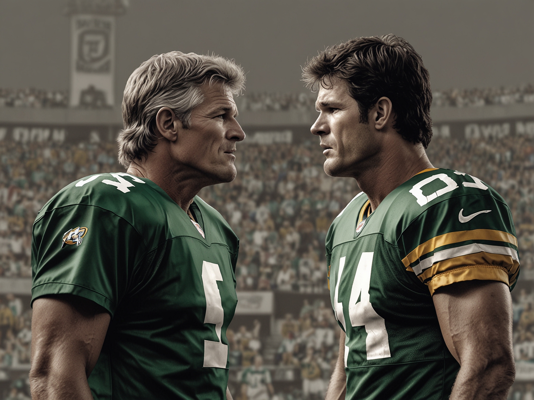 An intense moment during a memorabilia show captures Mark Gastineau and Brett Favre faced off, conveying the emotional tension arising from their long-standing feud over a controversial NFL record.