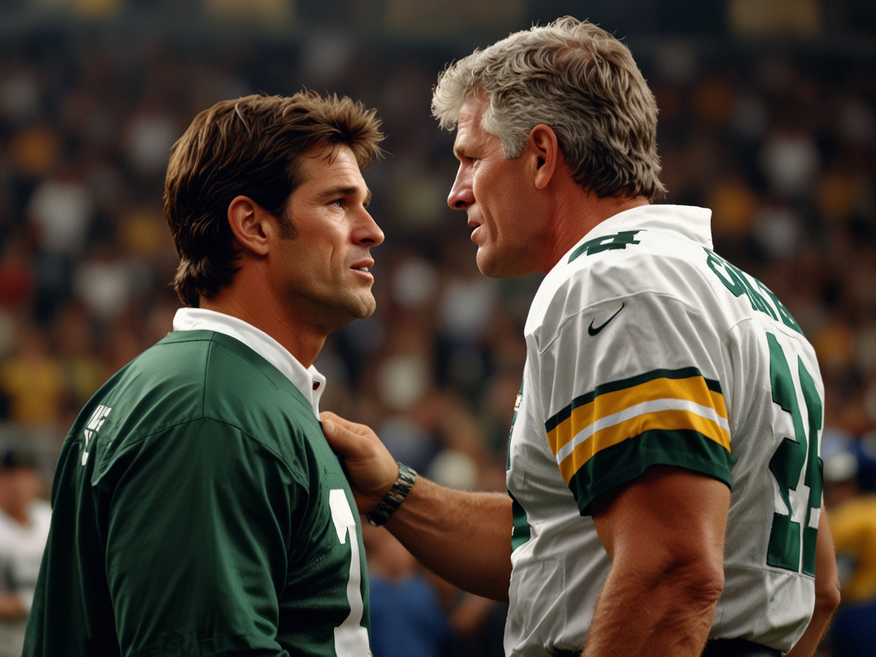 A nostalgic image of Mark Gastineau in his football gear glaring at Brett Favre, symbolizing the bitterness surrounding the broken sack record and their strained relationship.