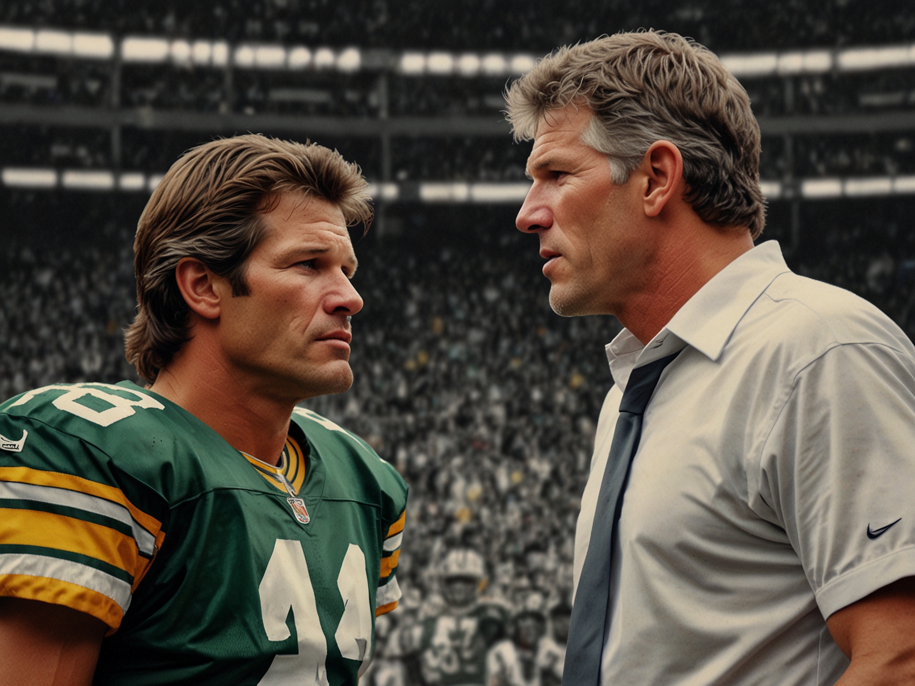 A close-up on a framed jersey displaying Gastineau's record-breaking sack alongside Favre's, illustrating the intertwined legacies of two iconic NFL players amidst their rivalry.