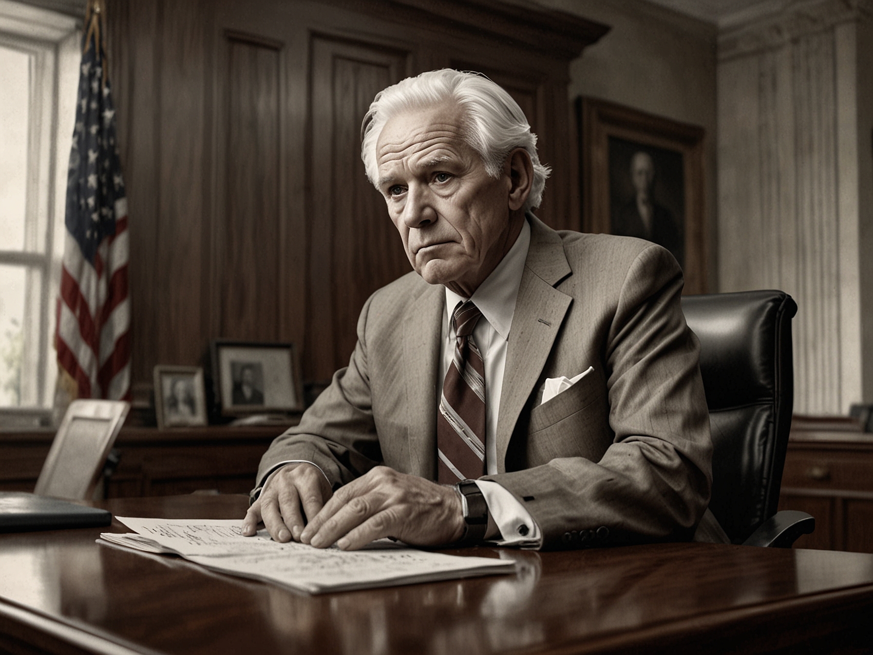 An elderly man with white hair wearing a suit and tie, with a bandage on his forehead, sits at a desk in a Senate office, looking thoughtfully towards the camera, embodying resilience amidst health challenges.