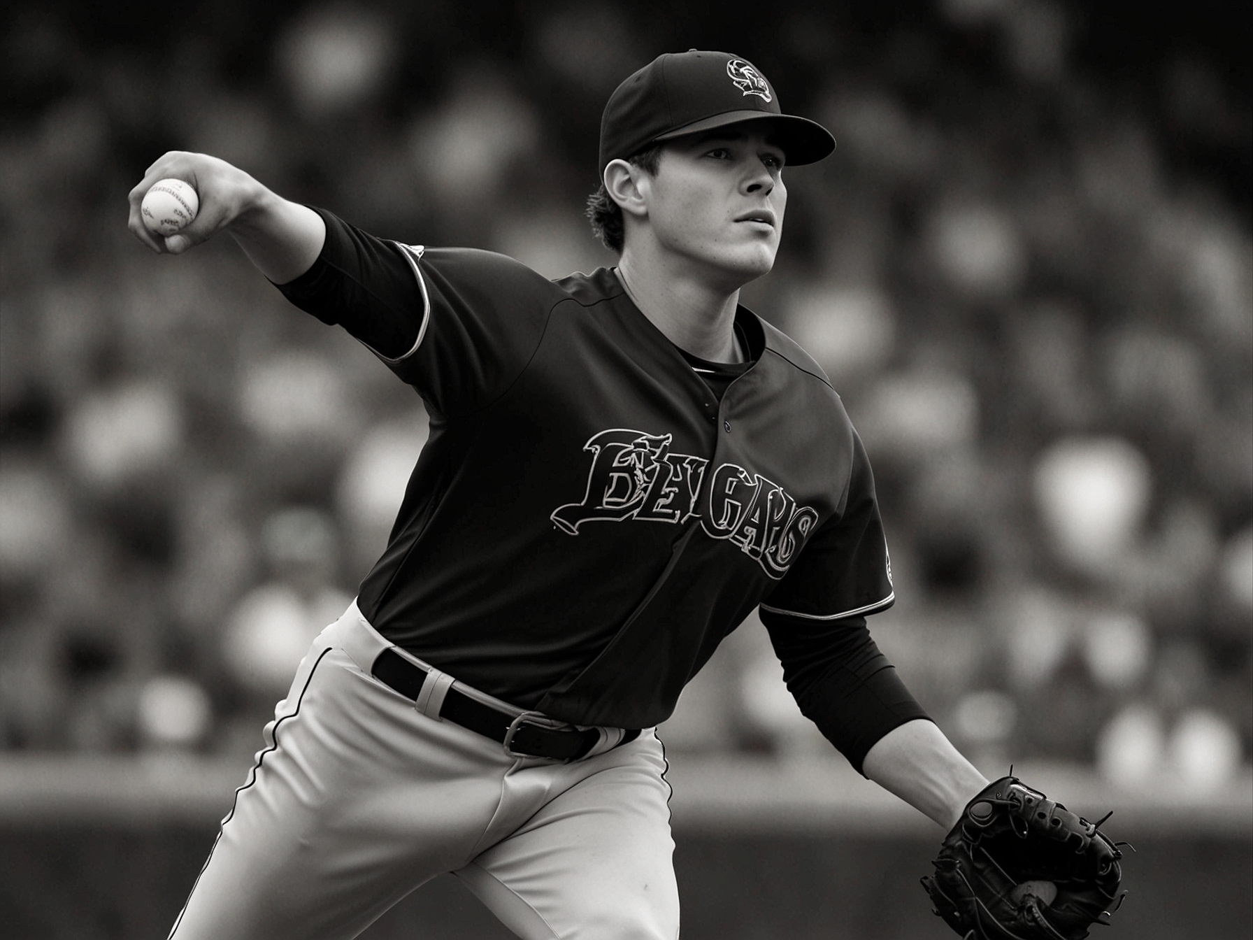 An action-packed image of Max Fried pitching during a game, showcasing his focused expression and dynamic delivery as he prepares to throw his signature curveball on the mound. The crowd is a blur in the background, emphasizing his concentration.