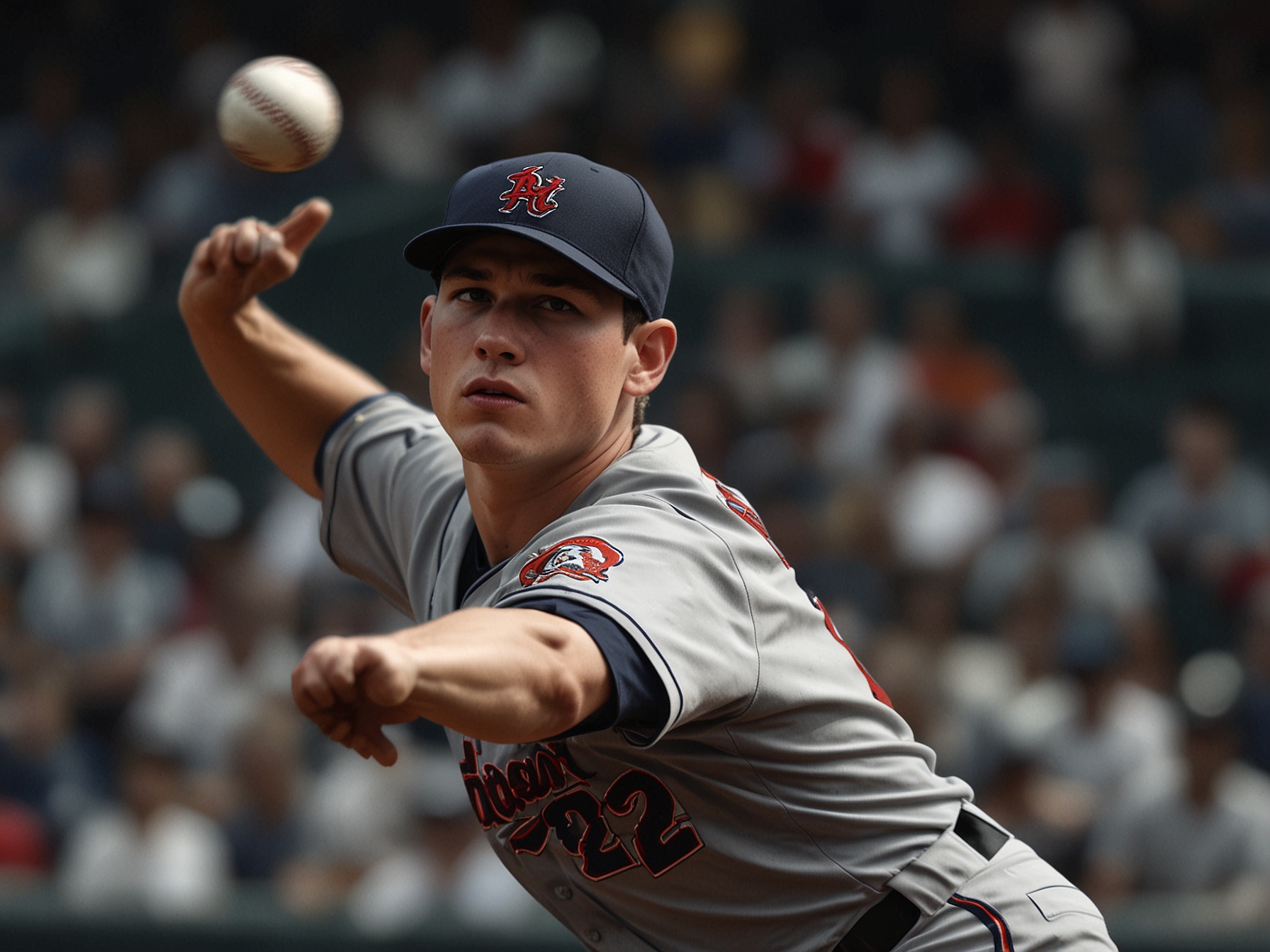 A close-up of Max Fried in his Yankees uniform, standing tall on the mound with a determined look on his face as he gets ready to deliver a pitch, highlighting the pressure and significance of his historic contract.