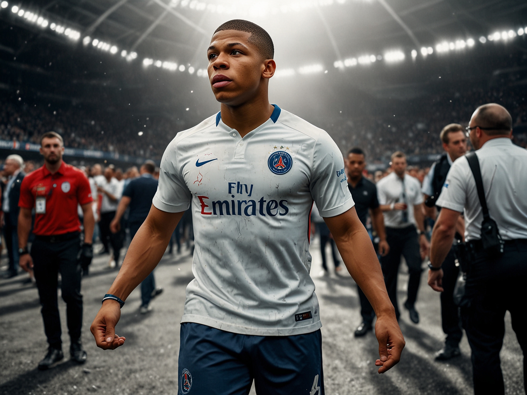 Kylian Mbappe on the field, holding his hamstring in distress as he is escorted off by security guards, with the cheering crowd in the background reflecting concern.
